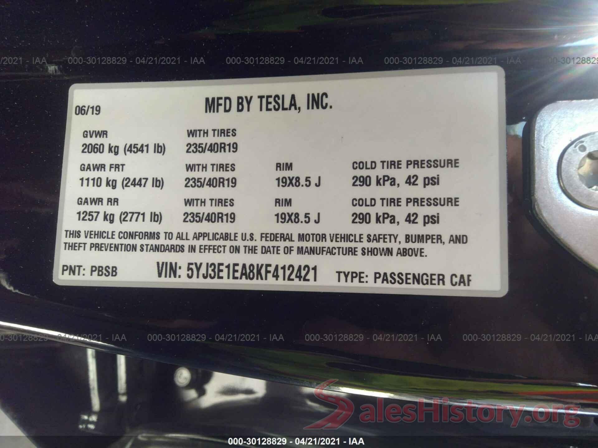 5YJ3E1EA8KF412421 2019 TESLA MODEL 3