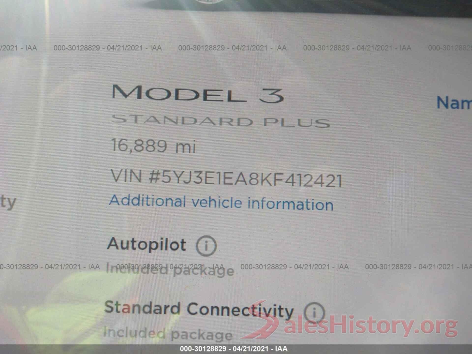 5YJ3E1EA8KF412421 2019 TESLA MODEL 3