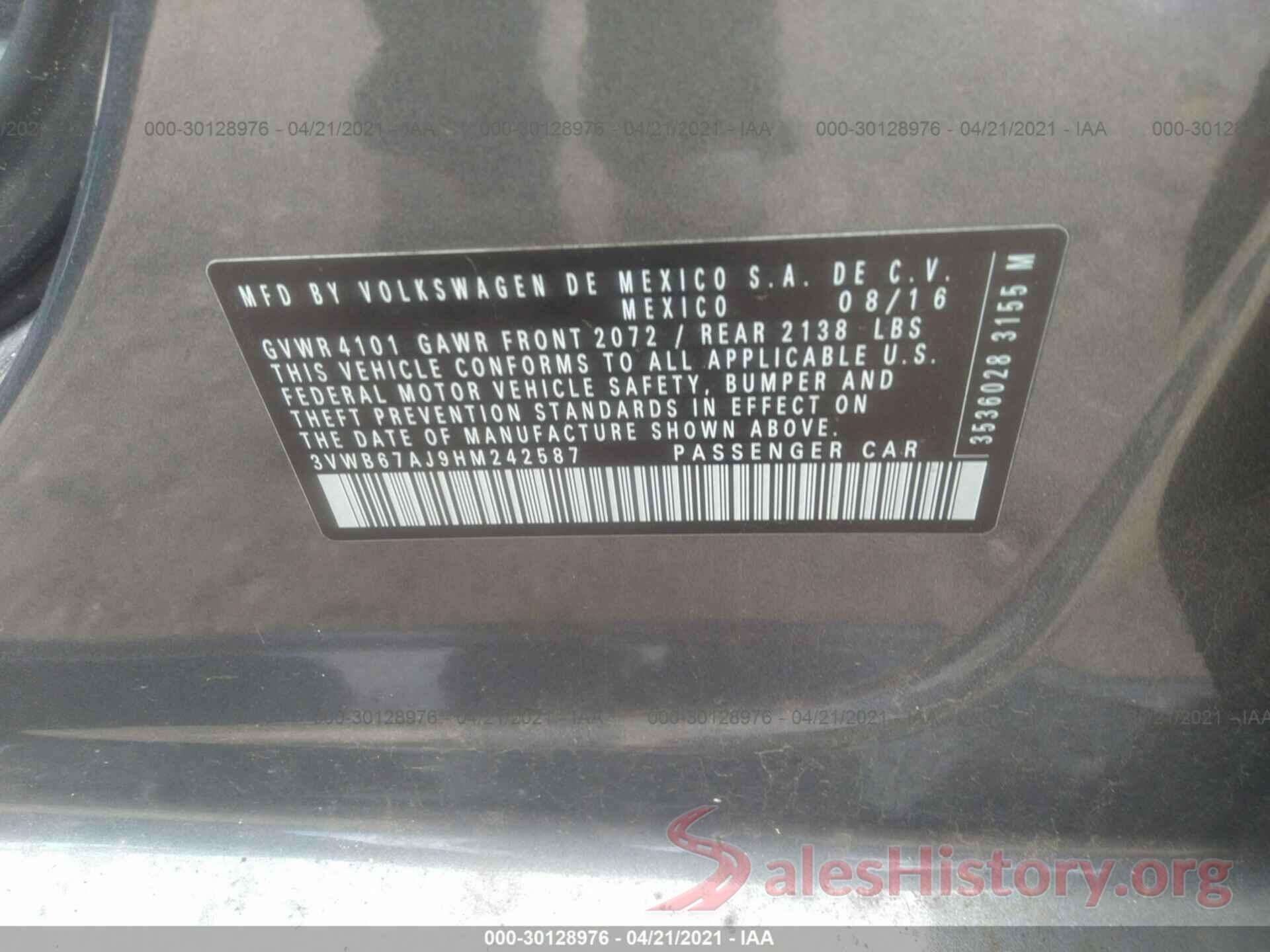 3VWB67AJ9HM242587 2017 VOLKSWAGEN JETTA