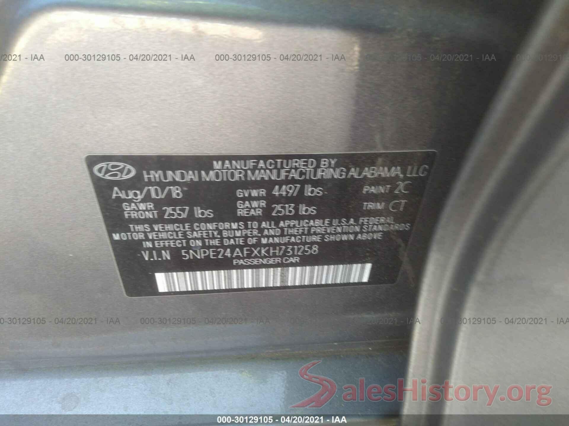 5NPE24AFXKH731258 2019 HYUNDAI SONATA