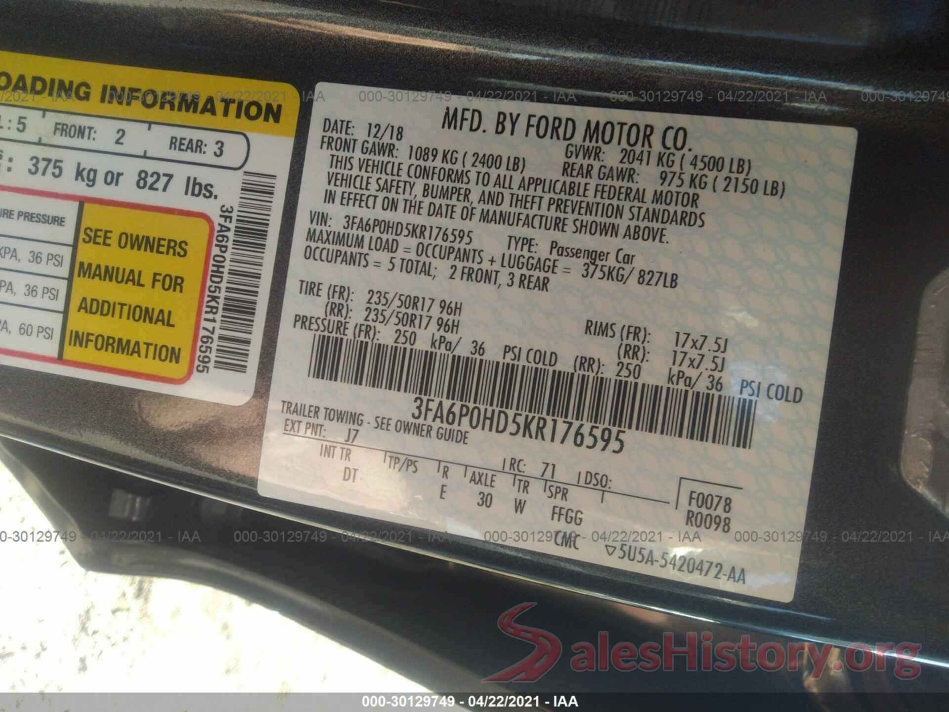 3FA6P0HD5KR176595 2019 FORD FUSION