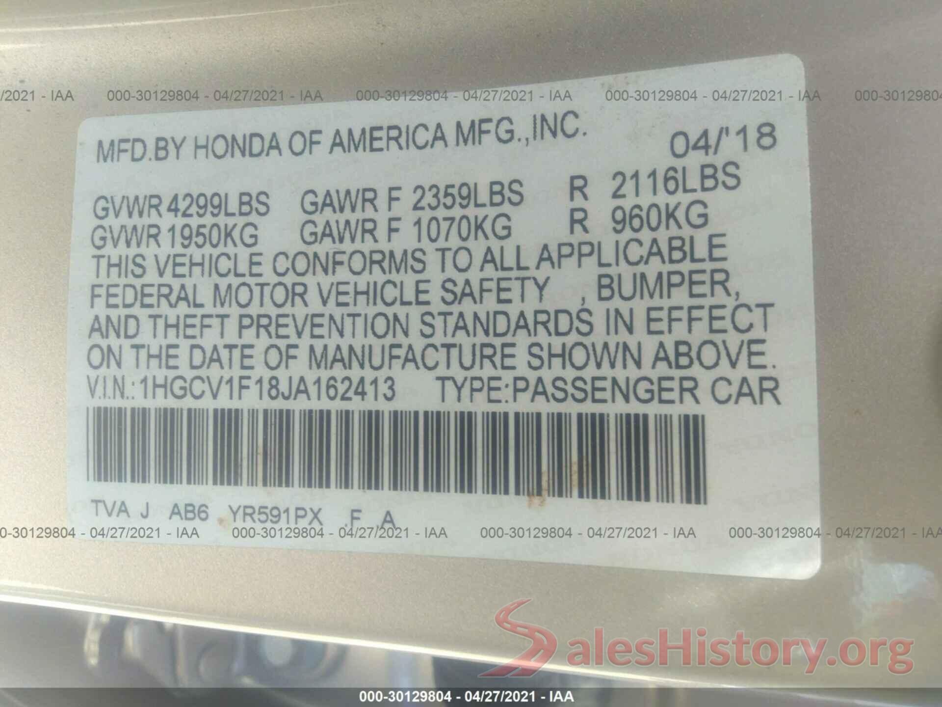 1HGCV1F18JA162413 2018 HONDA ACCORD SEDAN