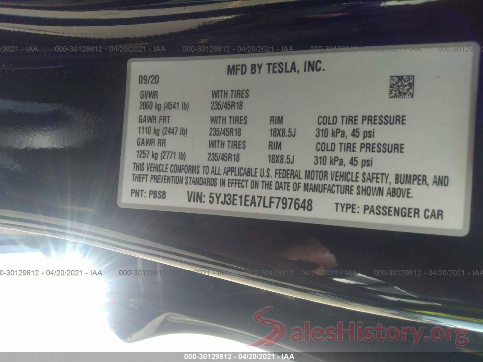 5YJ3E1EA7LF797648 2020 TESLA MODEL 3