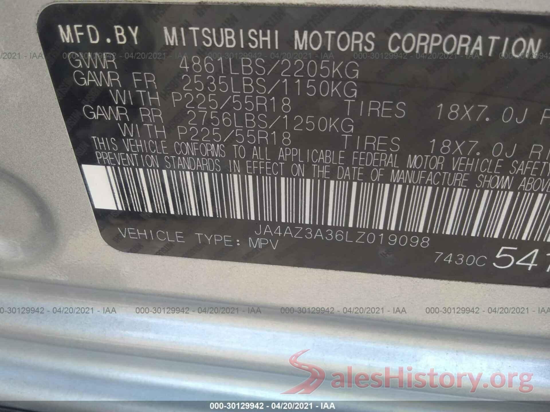 JA4AZ3A36LZ019098 2020 MITSUBISHI OUTLANDER