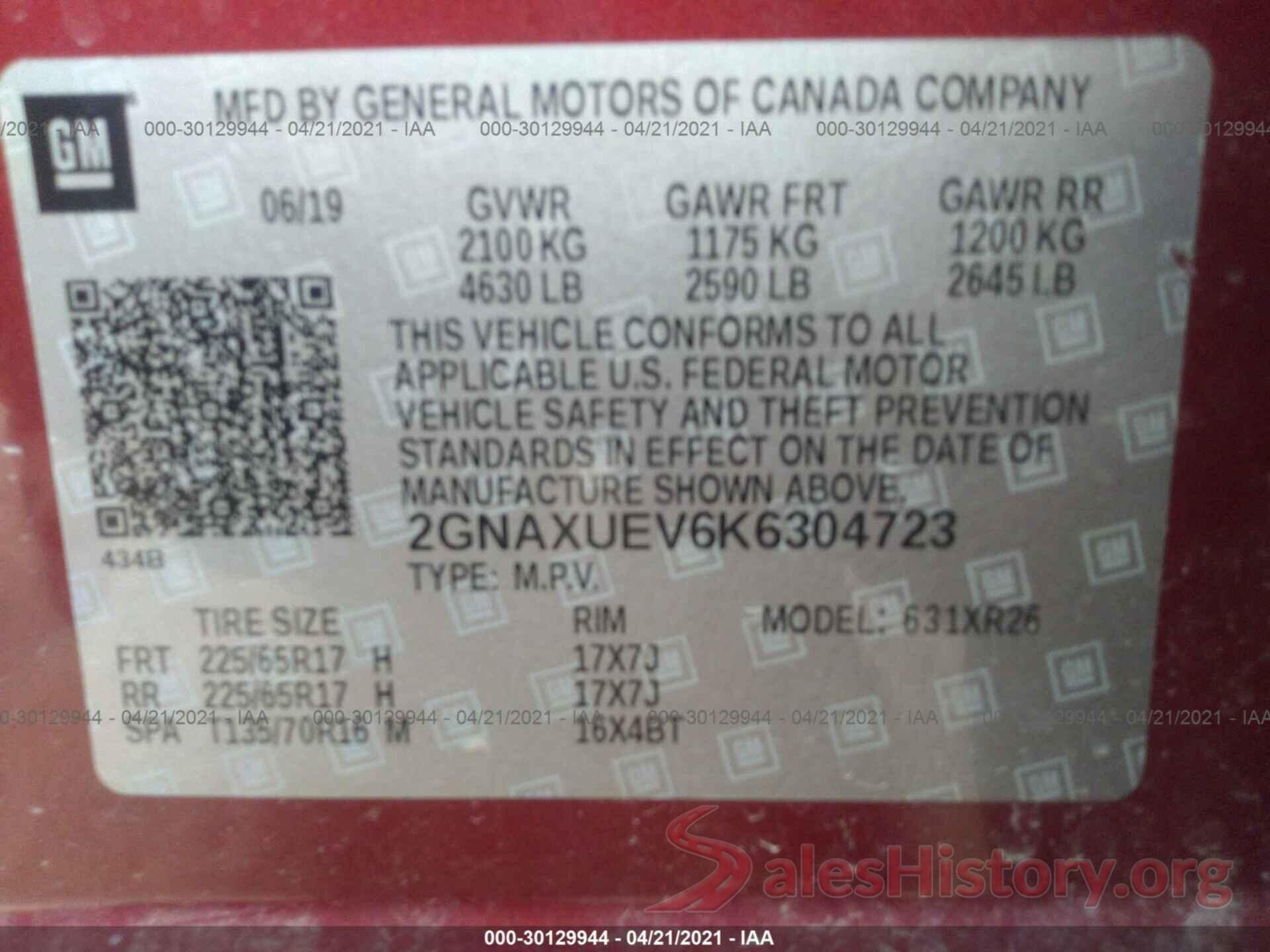 2GNAXUEV6K6304723 2019 CHEVROLET EQUINOX