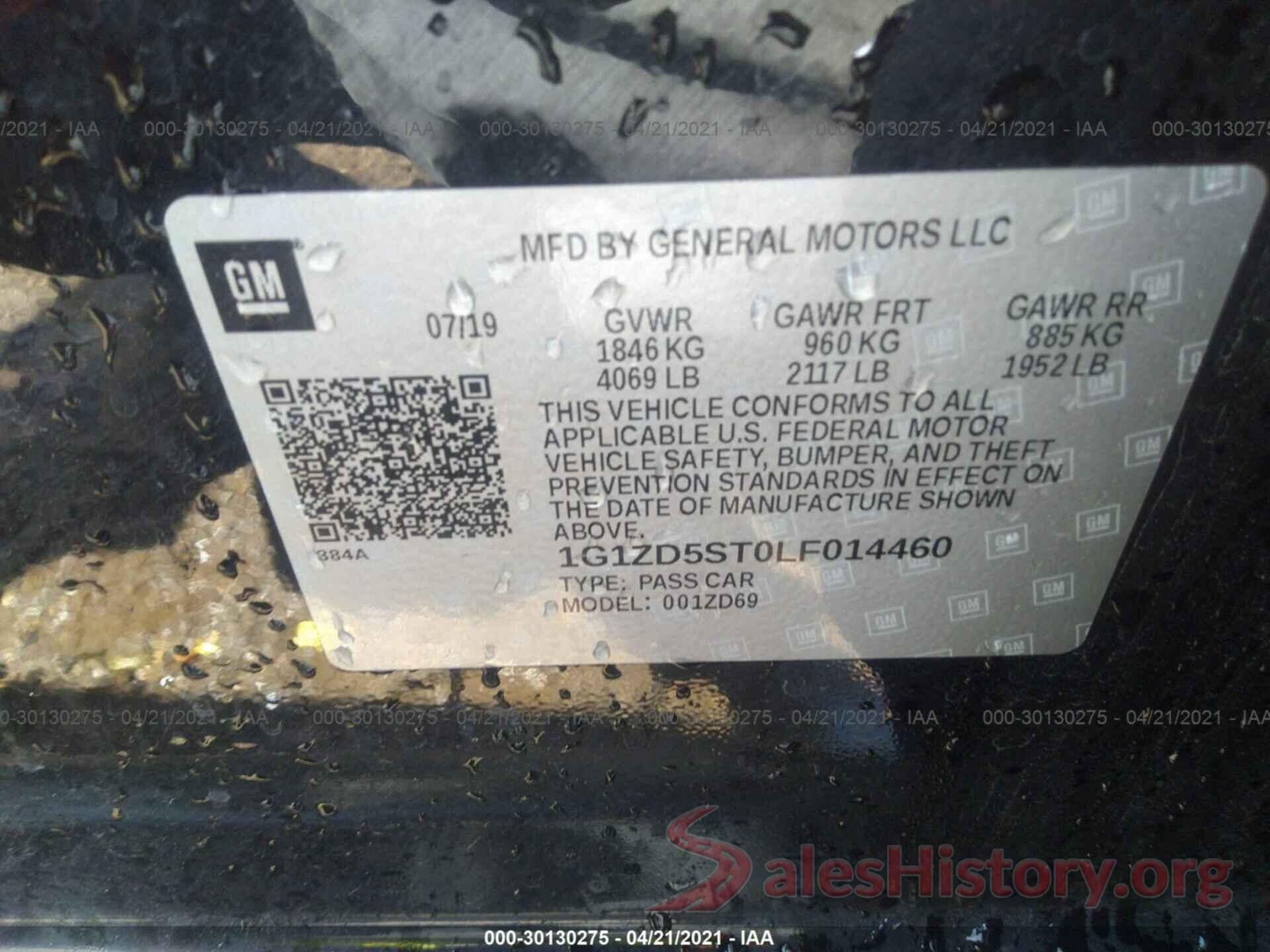 1G1ZD5ST0LF014460 2020 CHEVROLET MALIBU