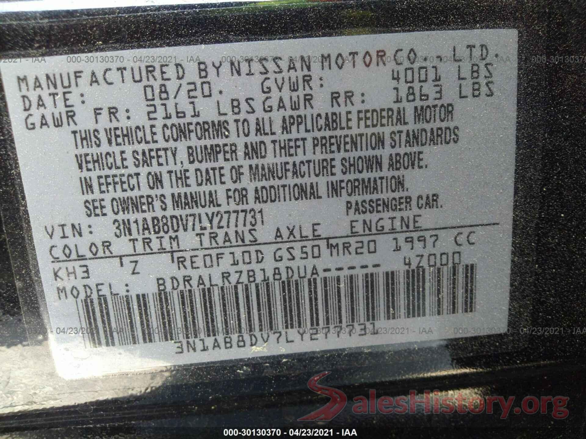 3N1AB8DV7LY277731 2020 NISSAN SENTRA