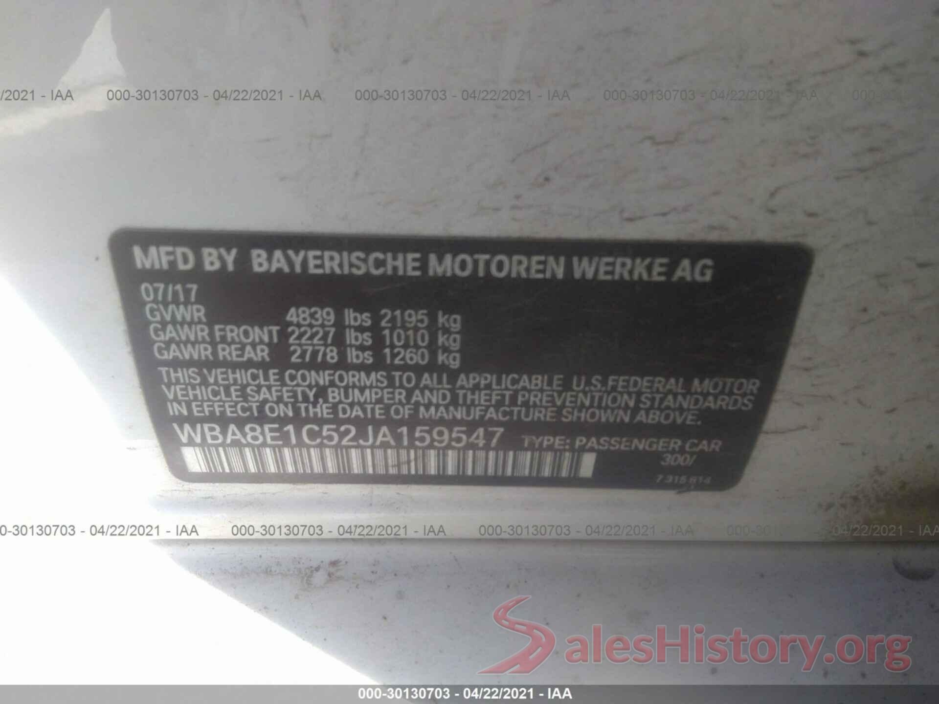 WBA8E1C52JA159547 2018 BMW 3 SERIES