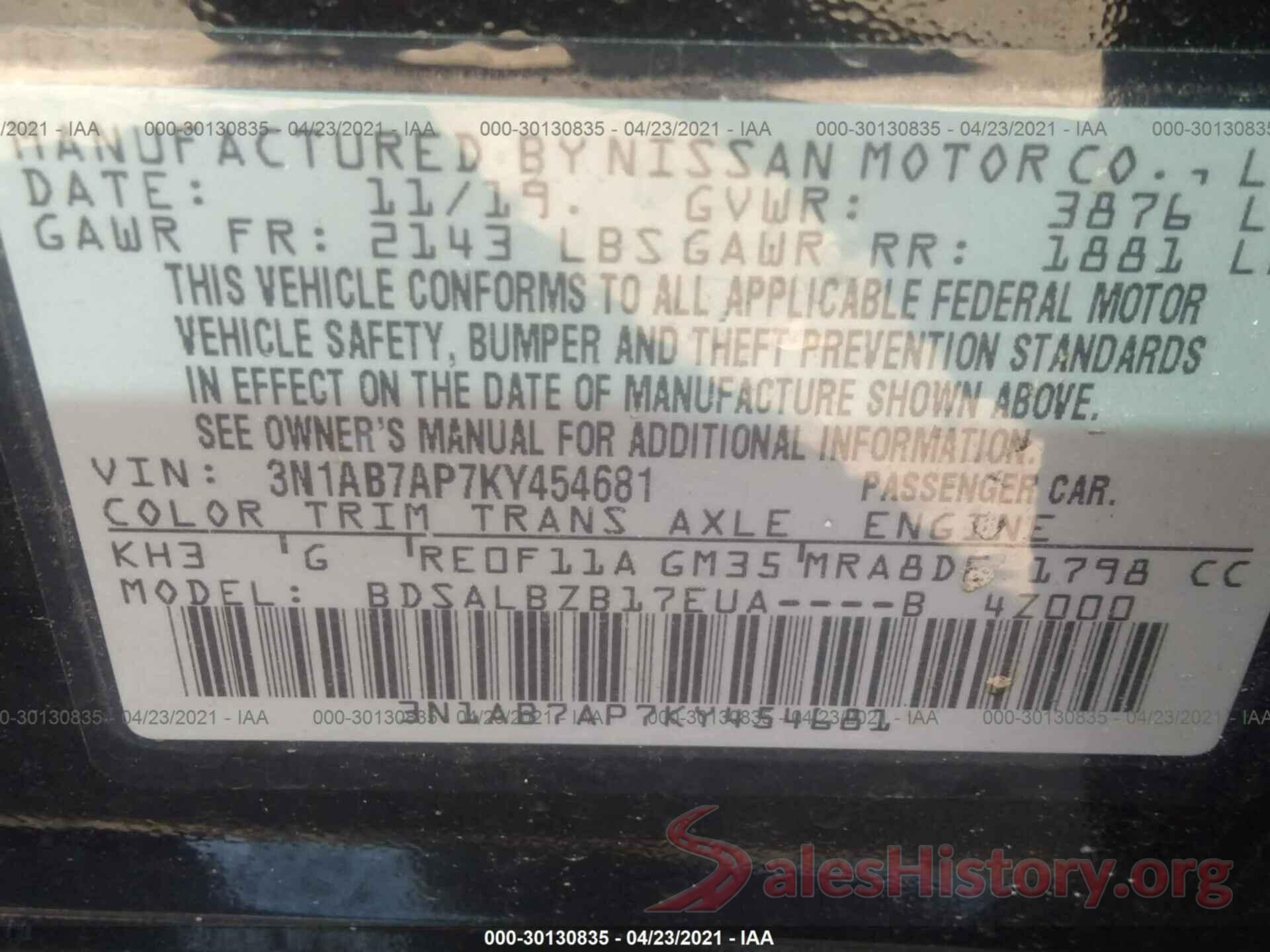 3N1AB7AP7KY454681 2019 NISSAN SENTRA