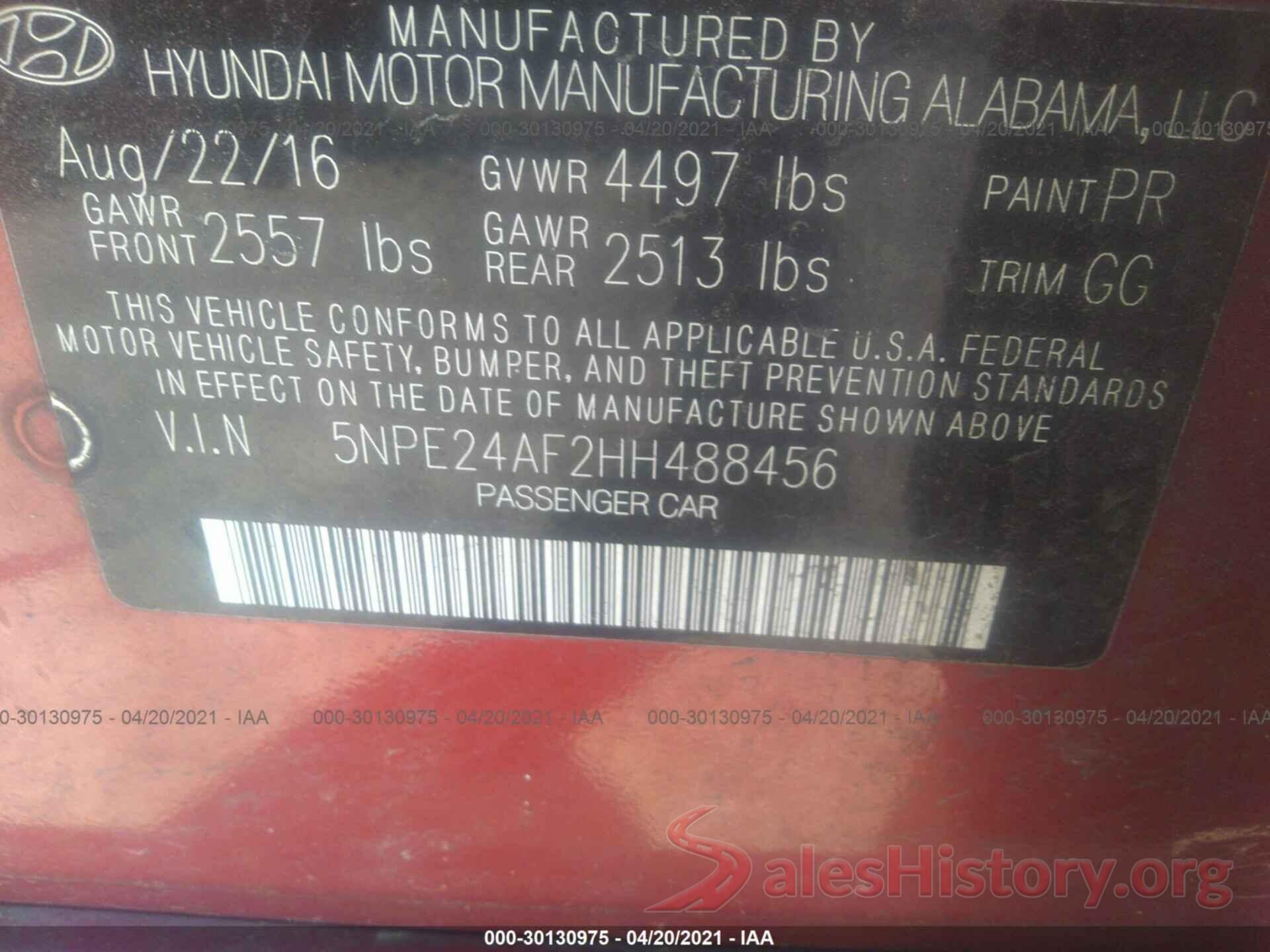 5NPE24AF2HH488456 2017 HYUNDAI SONATA