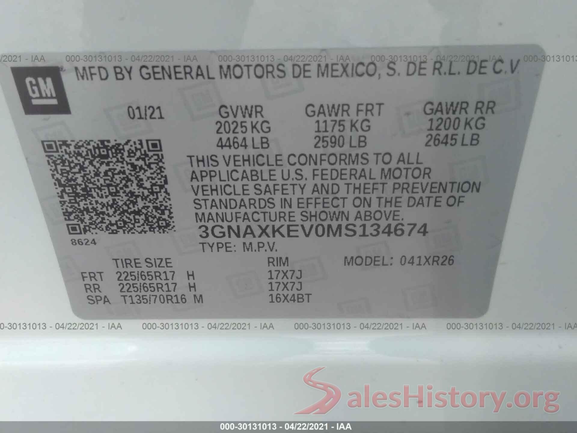 3GNAXKEV0MS134674 2021 CHEVROLET EQUINOX