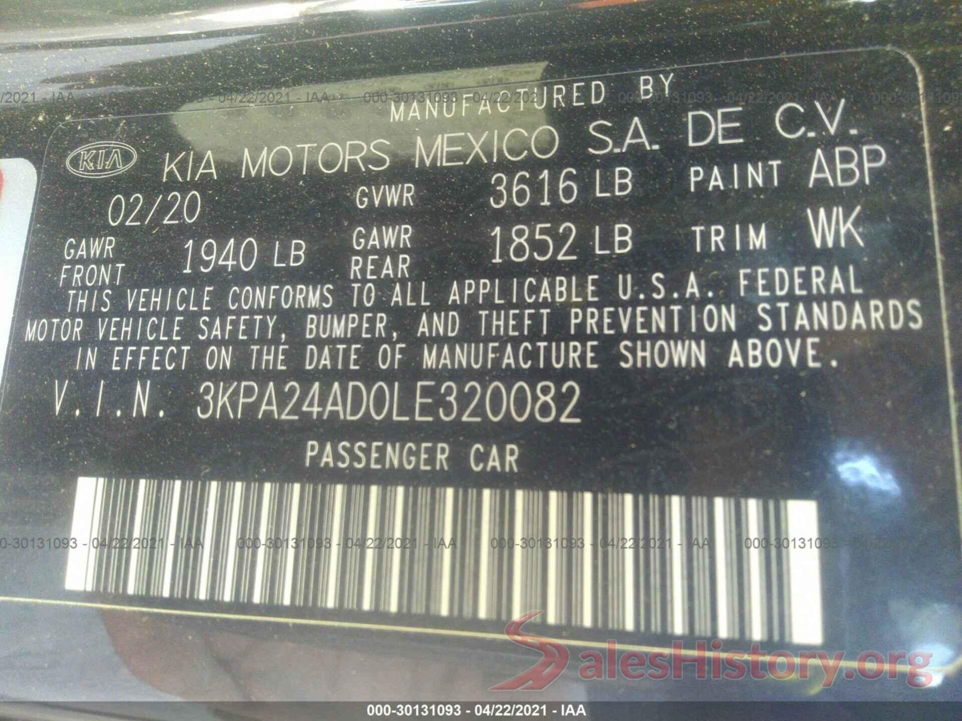 3KPA24AD0LE320082 2020 KIA RIO