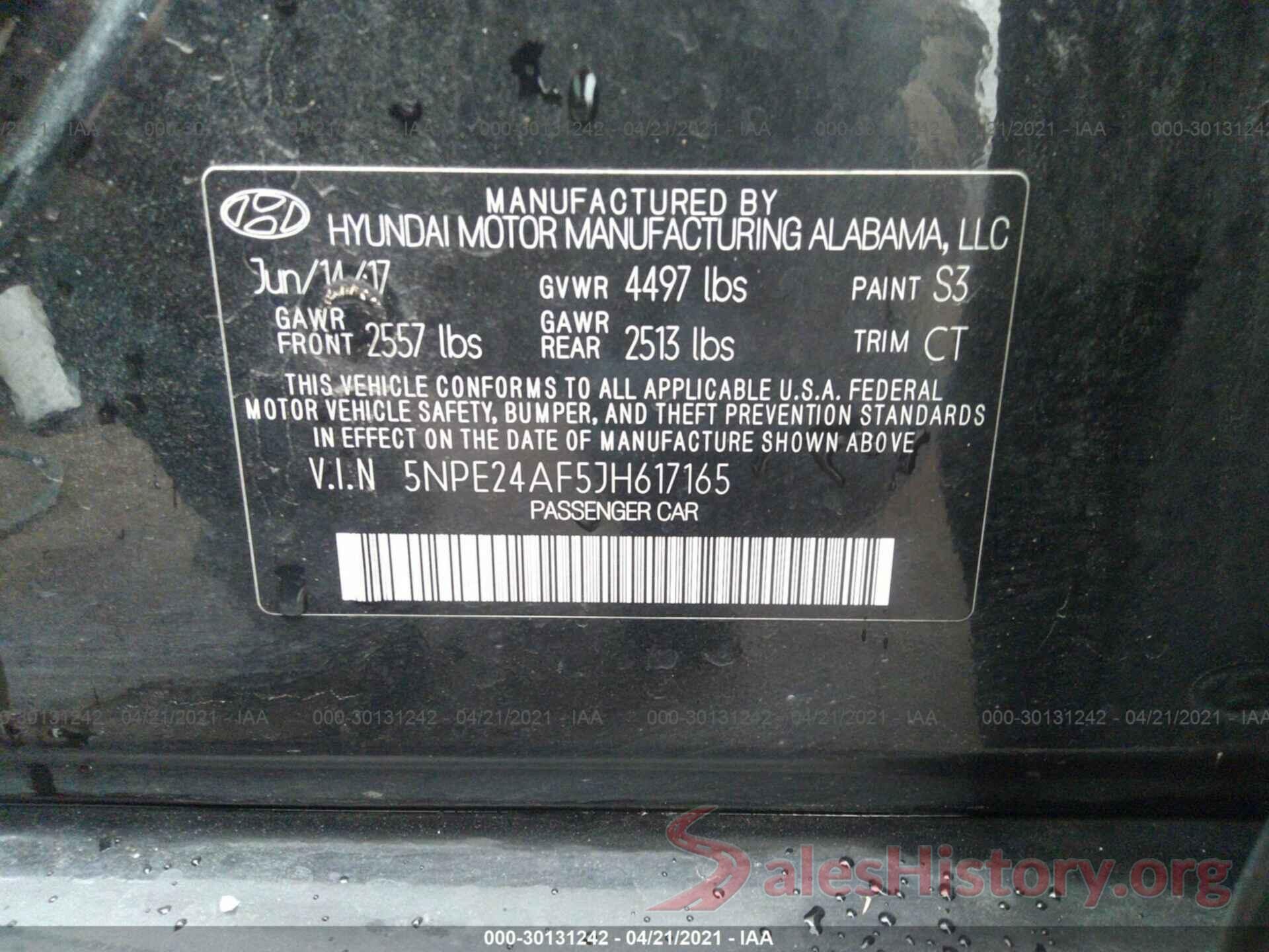 5NPE24AF5JH617165 2018 HYUNDAI SONATA