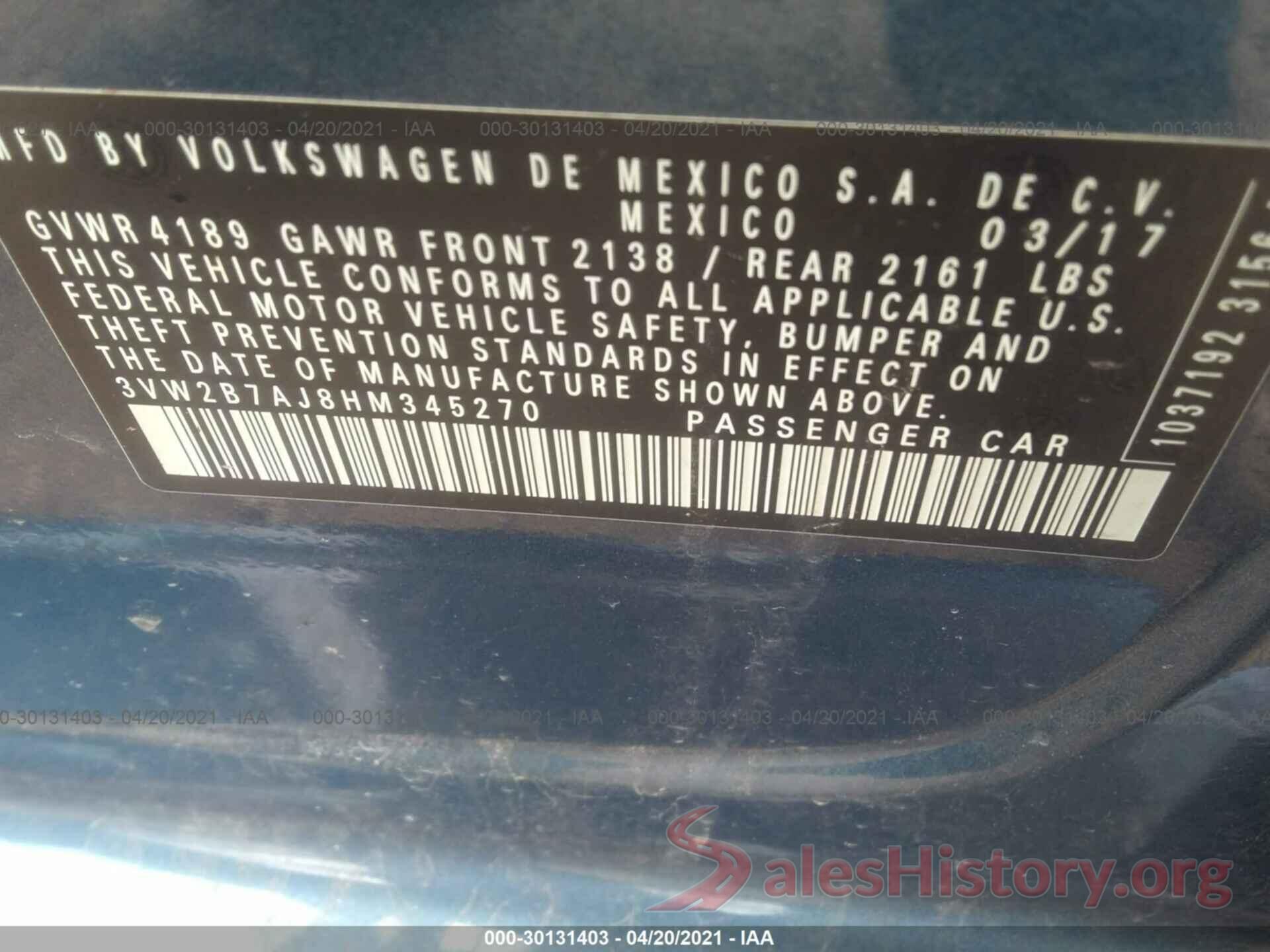 3VW2B7AJ8HM345270 2017 VOLKSWAGEN JETTA