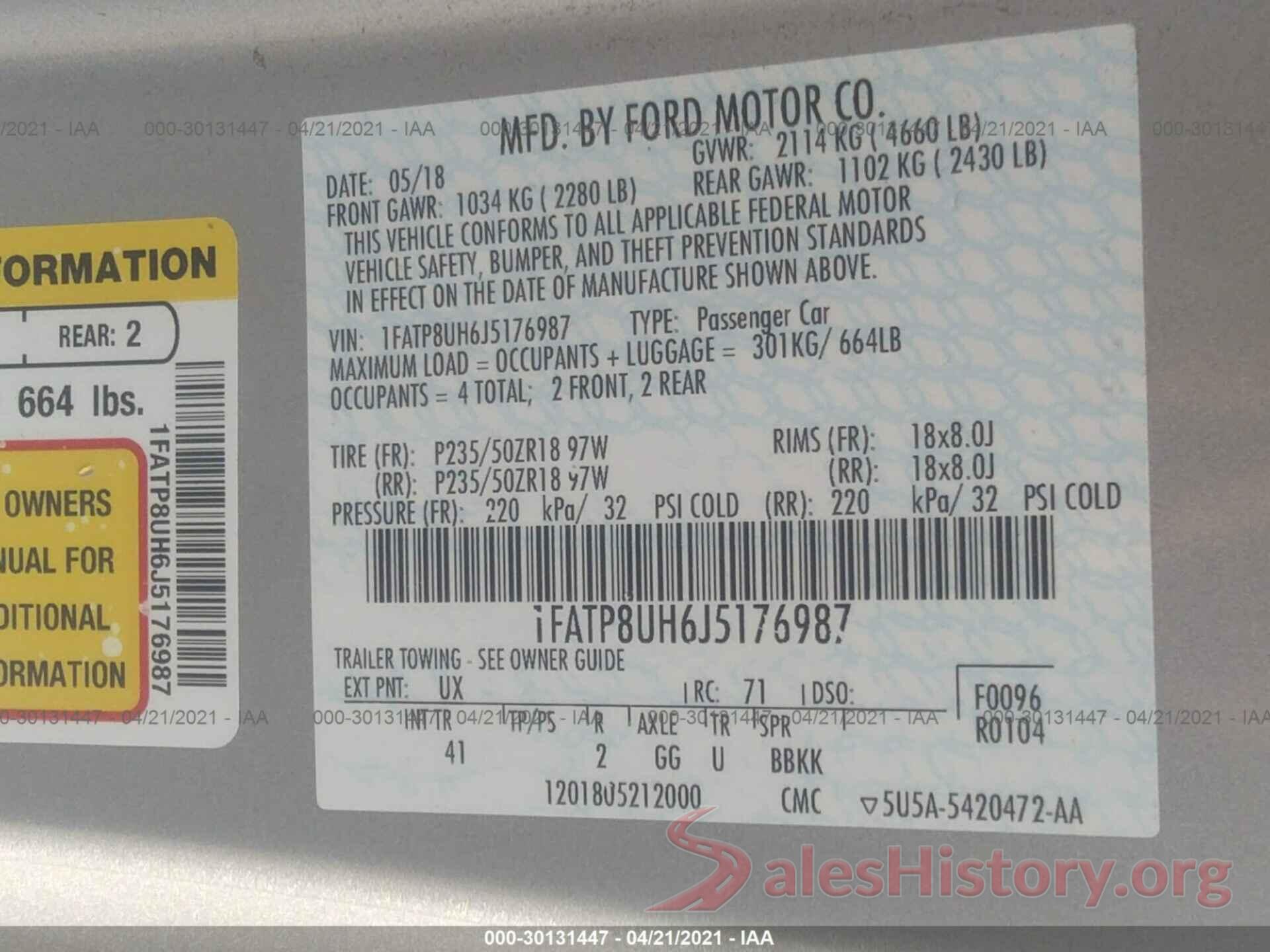 1FATP8UH6J5176987 2018 FORD MUSTANG