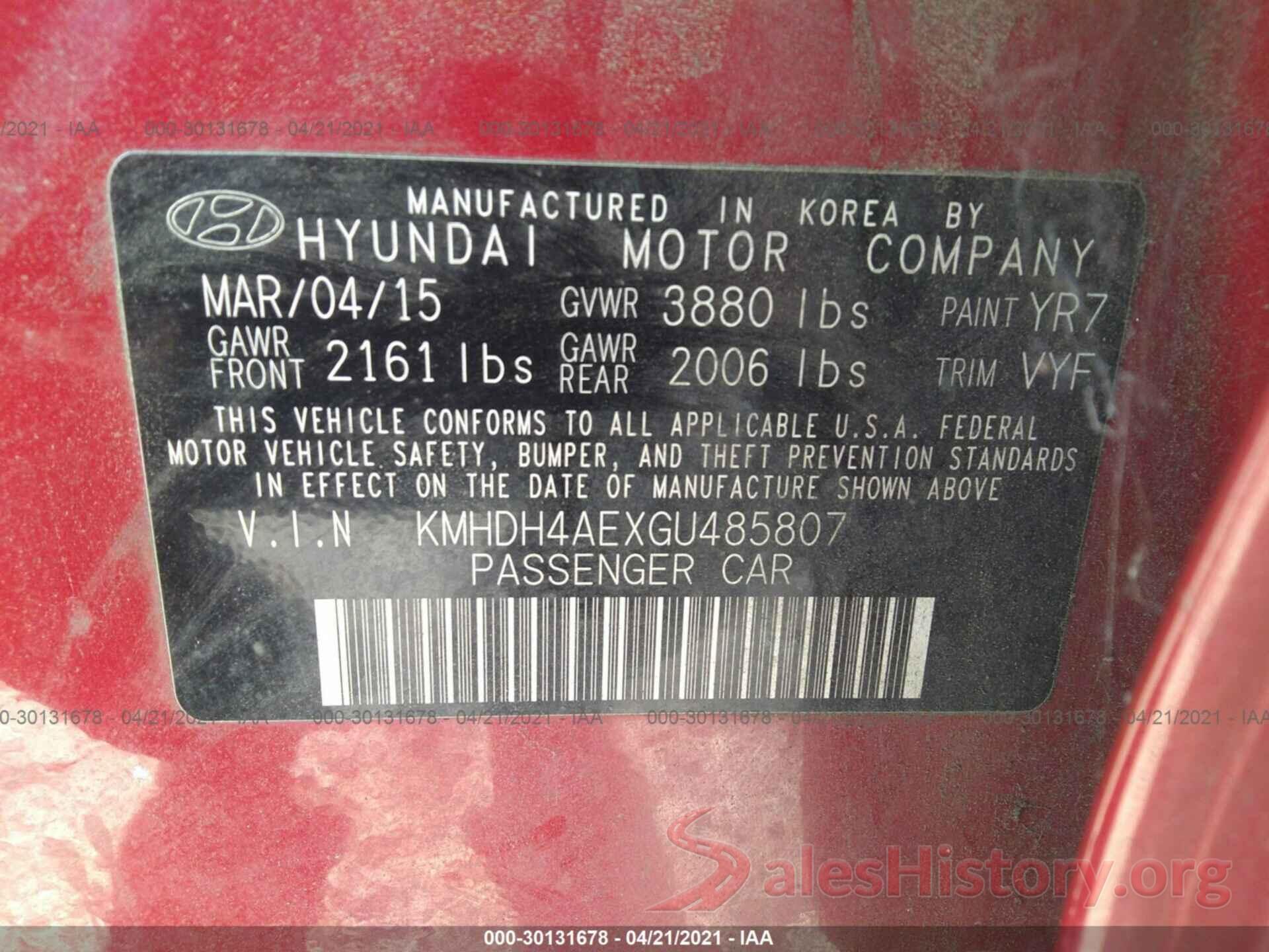 KMHDH4AEXGU485807 2016 HYUNDAI ELANTRA