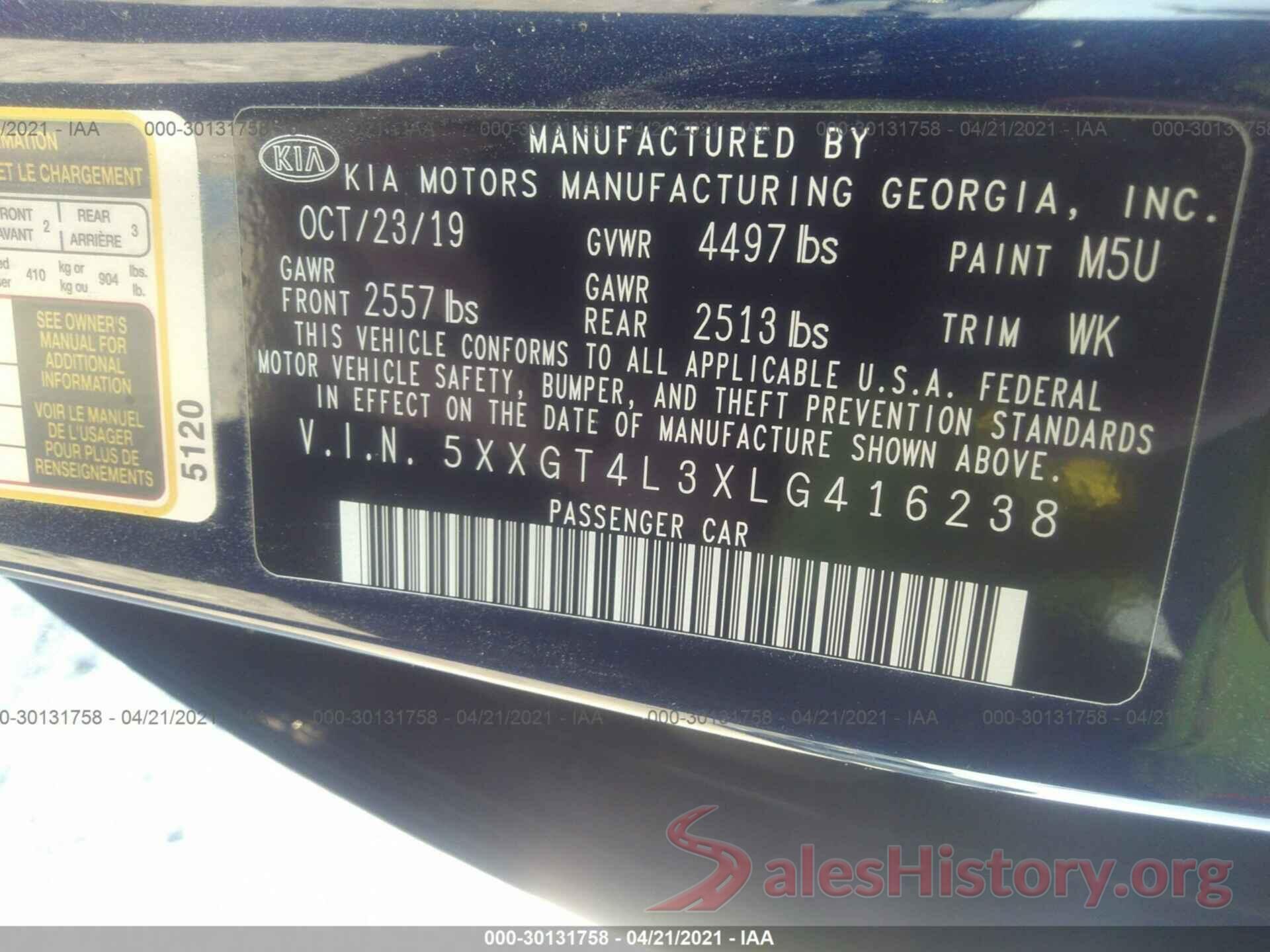 5XXGT4L3XLG416238 2020 KIA OPTIMA