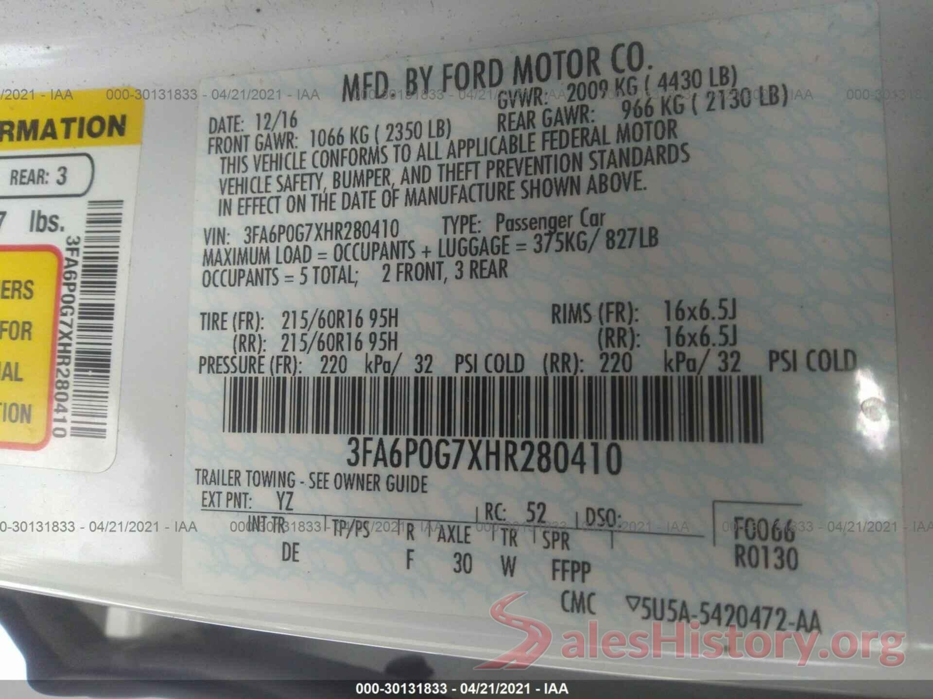 3FA6P0G7XHR280410 2017 FORD FUSION