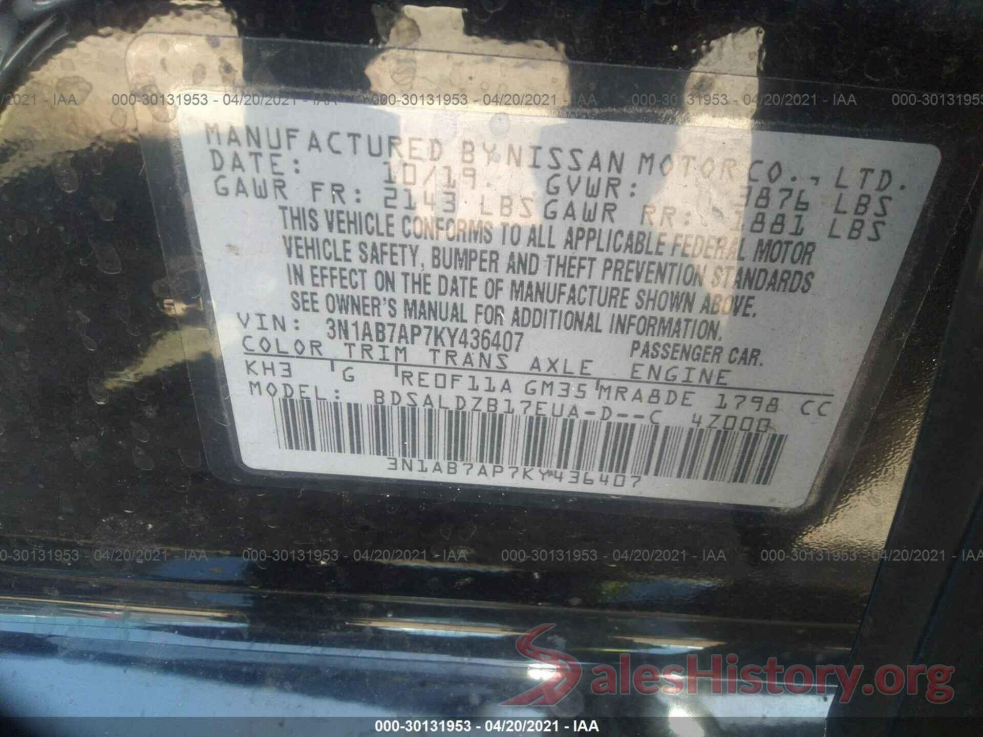 3N1AB7AP7KY436407 2019 NISSAN SENTRA