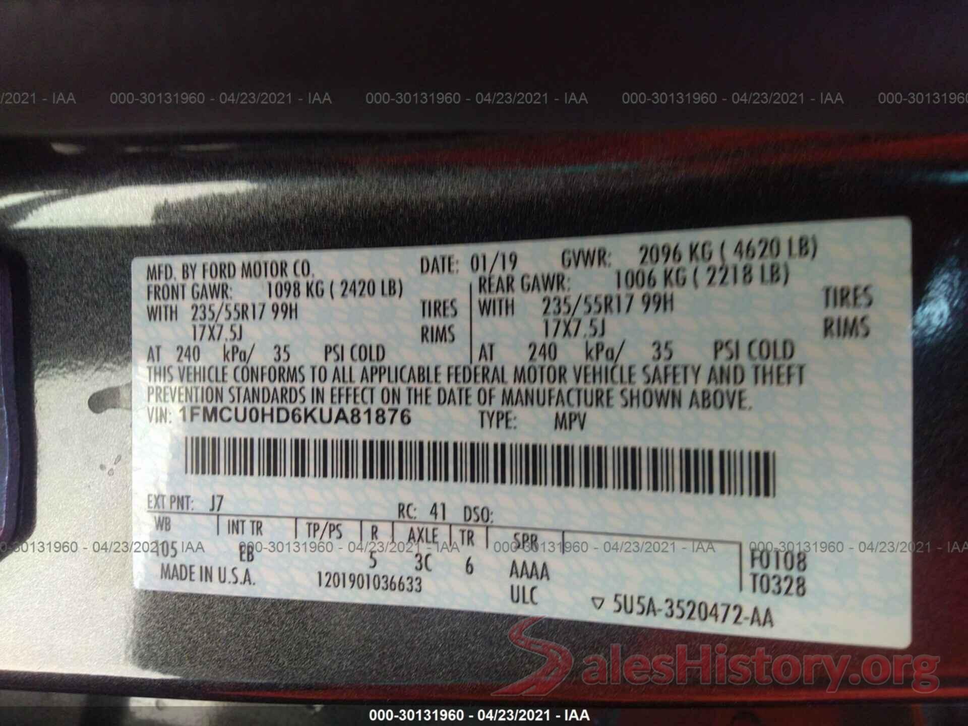 1FMCU0HD6KUA81876 2019 FORD ESCAPE