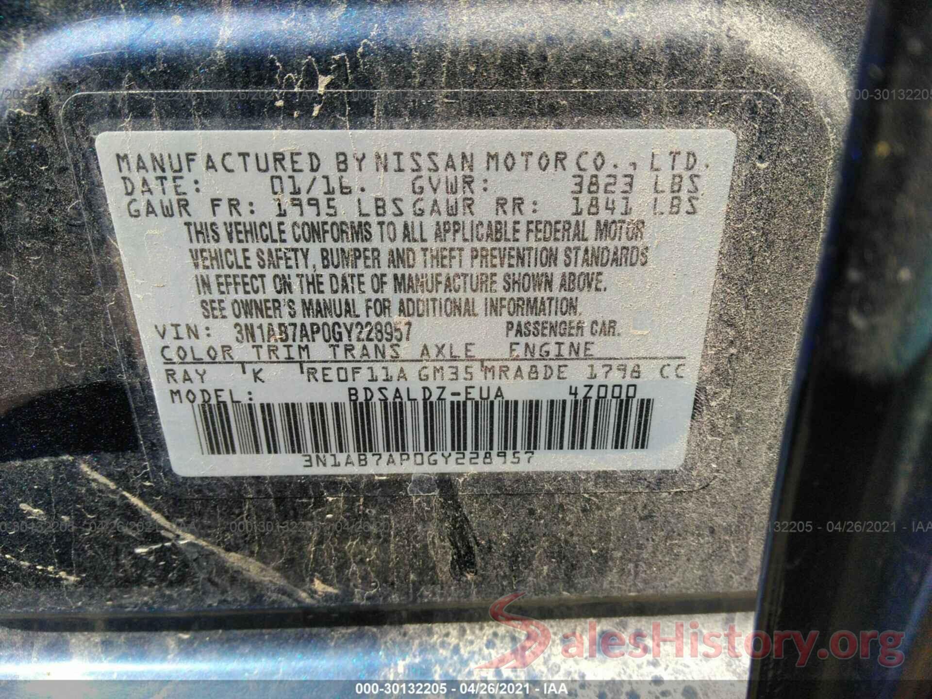 3N1AB7AP0GY228957 2016 NISSAN SENTRA