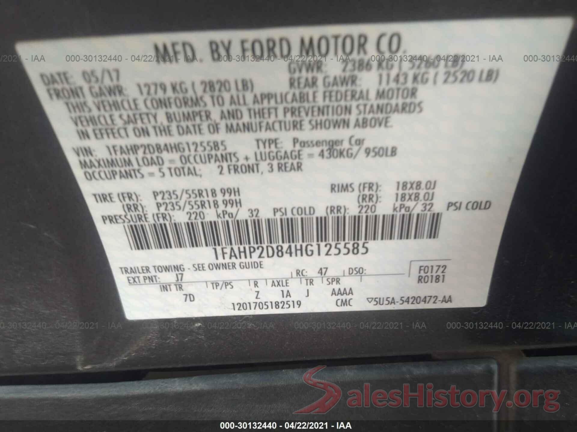 1FAHP2D84HG125585 2017 FORD TAURUS