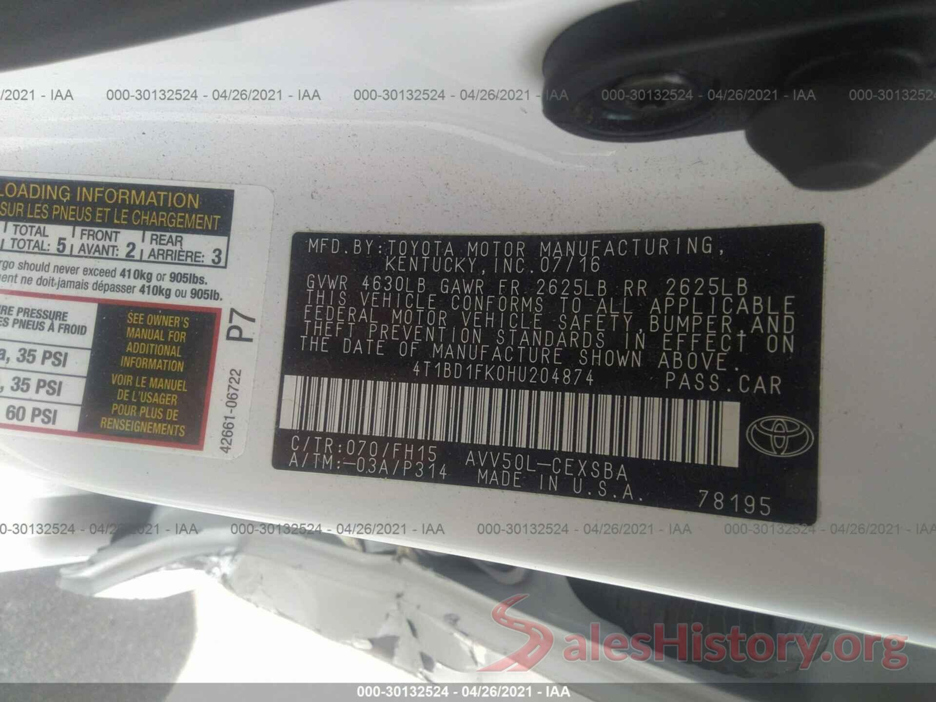 4T1BD1FK0HU204874 2017 TOYOTA CAMRY