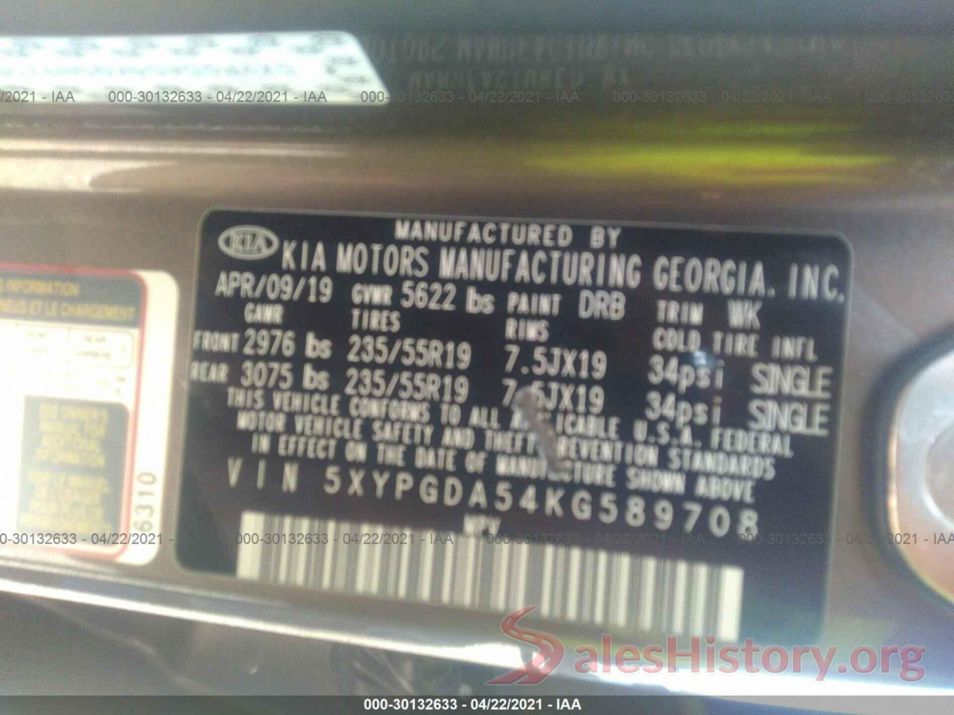 5XYPGDA54KG589708 2019 KIA SORENTO