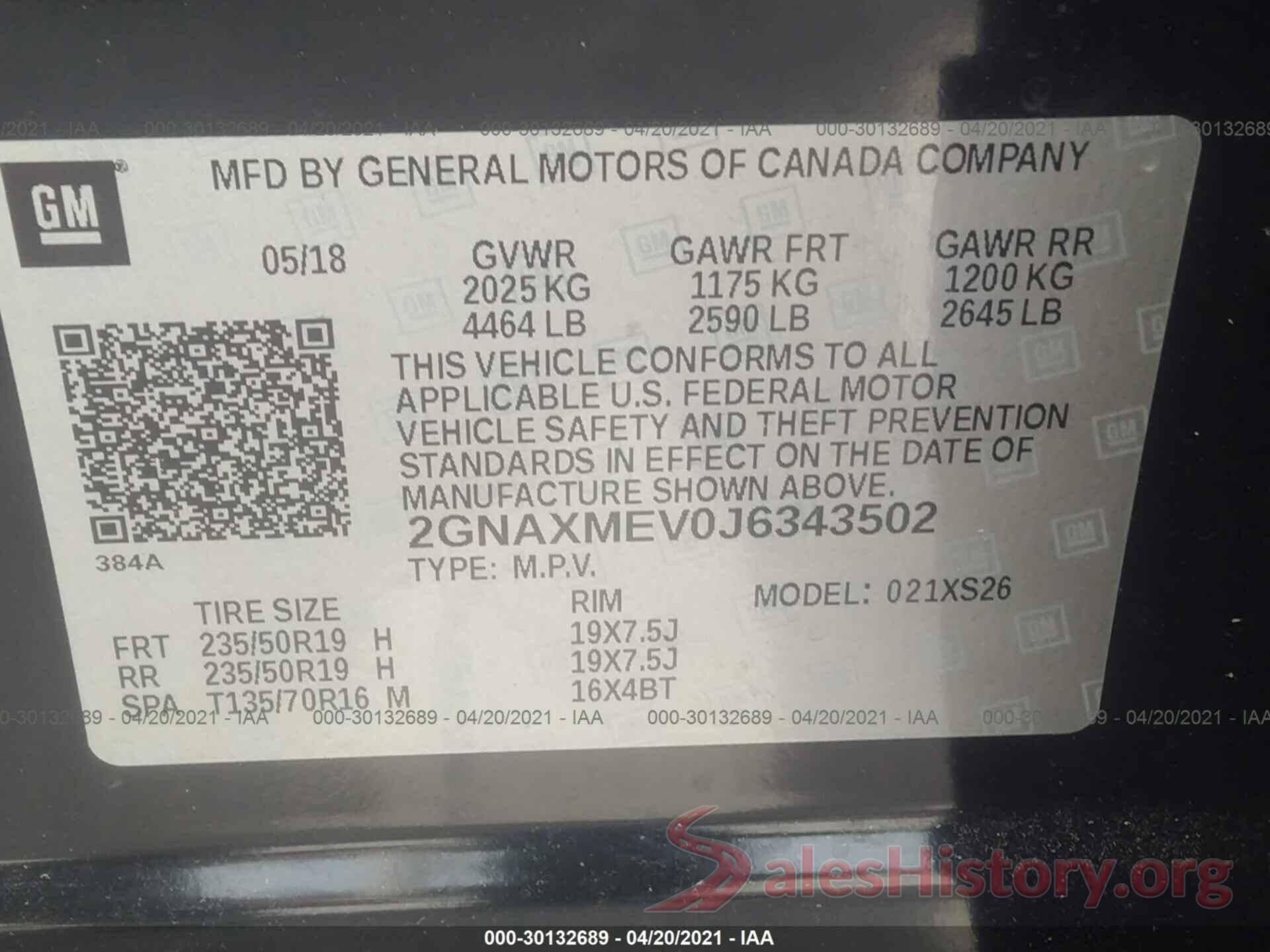 2GNAXMEV0J6343502 2018 CHEVROLET EQUINOX