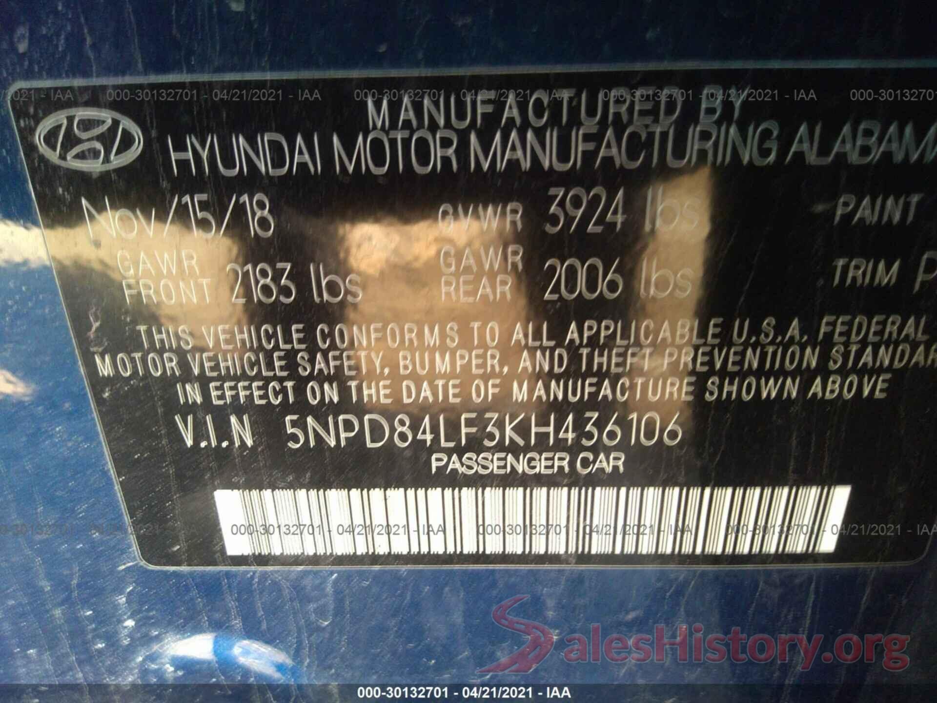 5NPD84LF3KH436106 2019 HYUNDAI ELANTRA