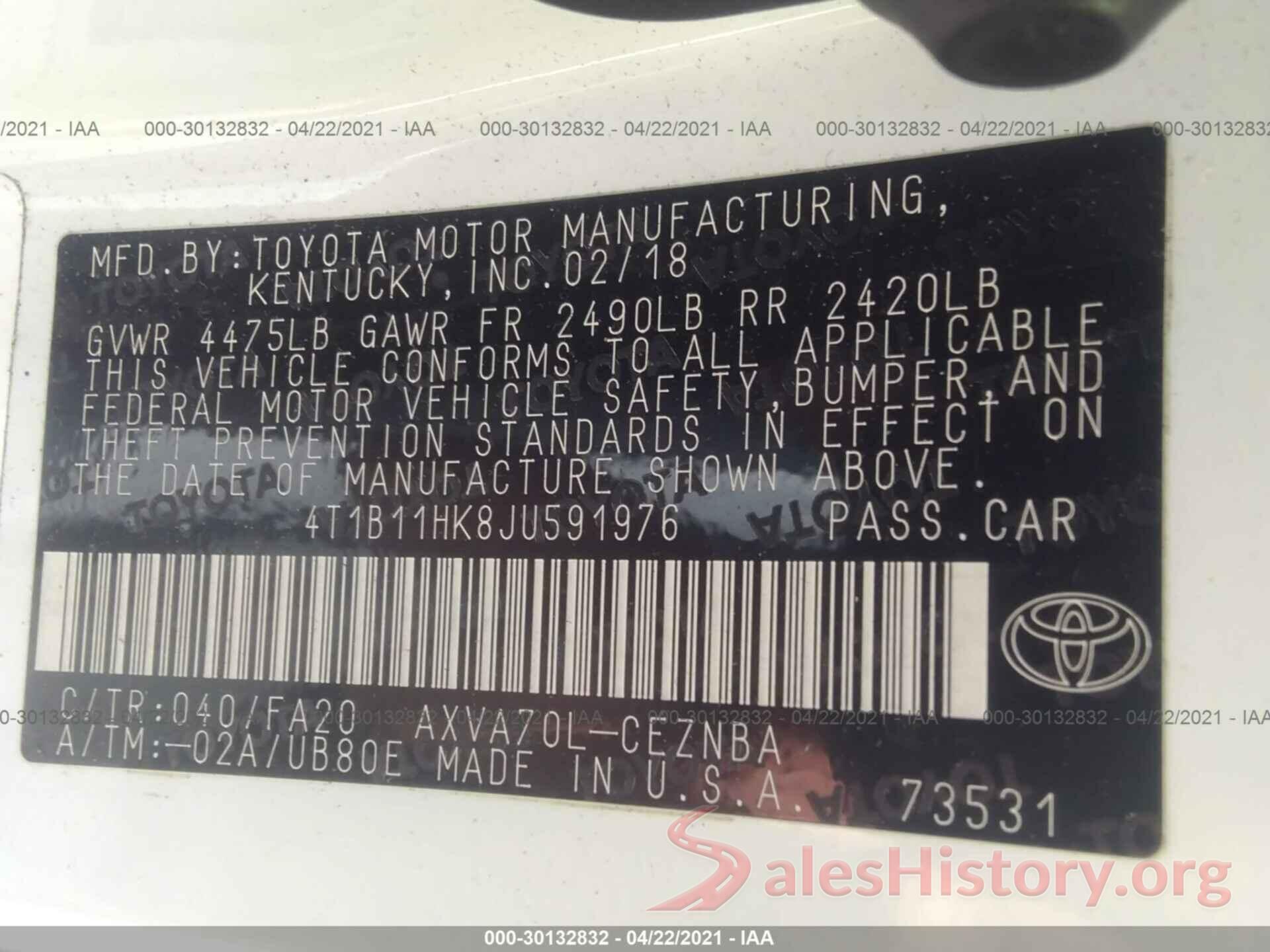 4T1B11HK8JU591976 2018 TOYOTA CAMRY