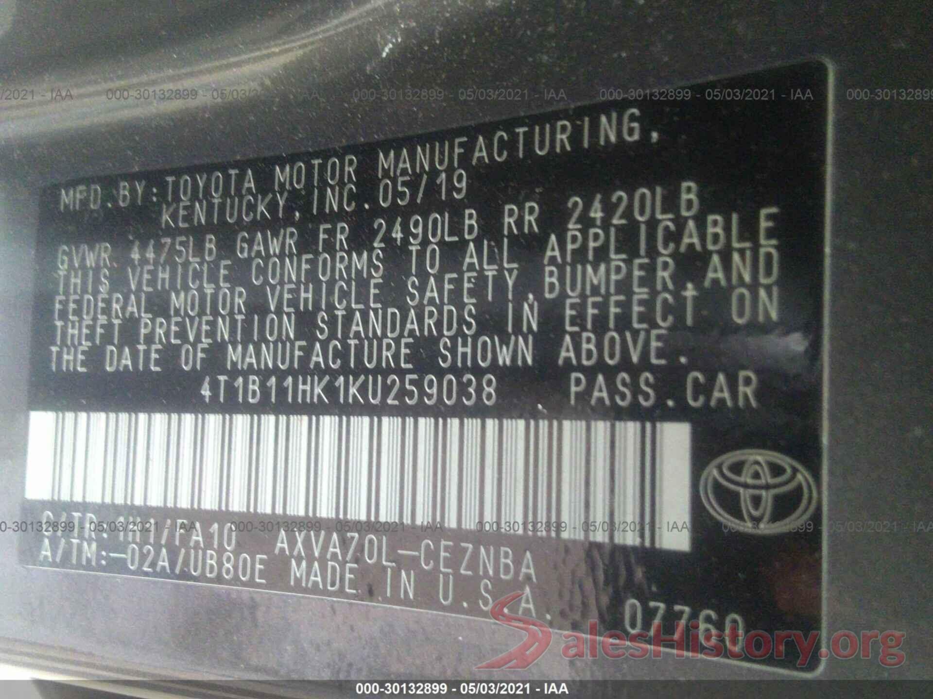 4T1B11HK1KU259038 2019 TOYOTA CAMRY