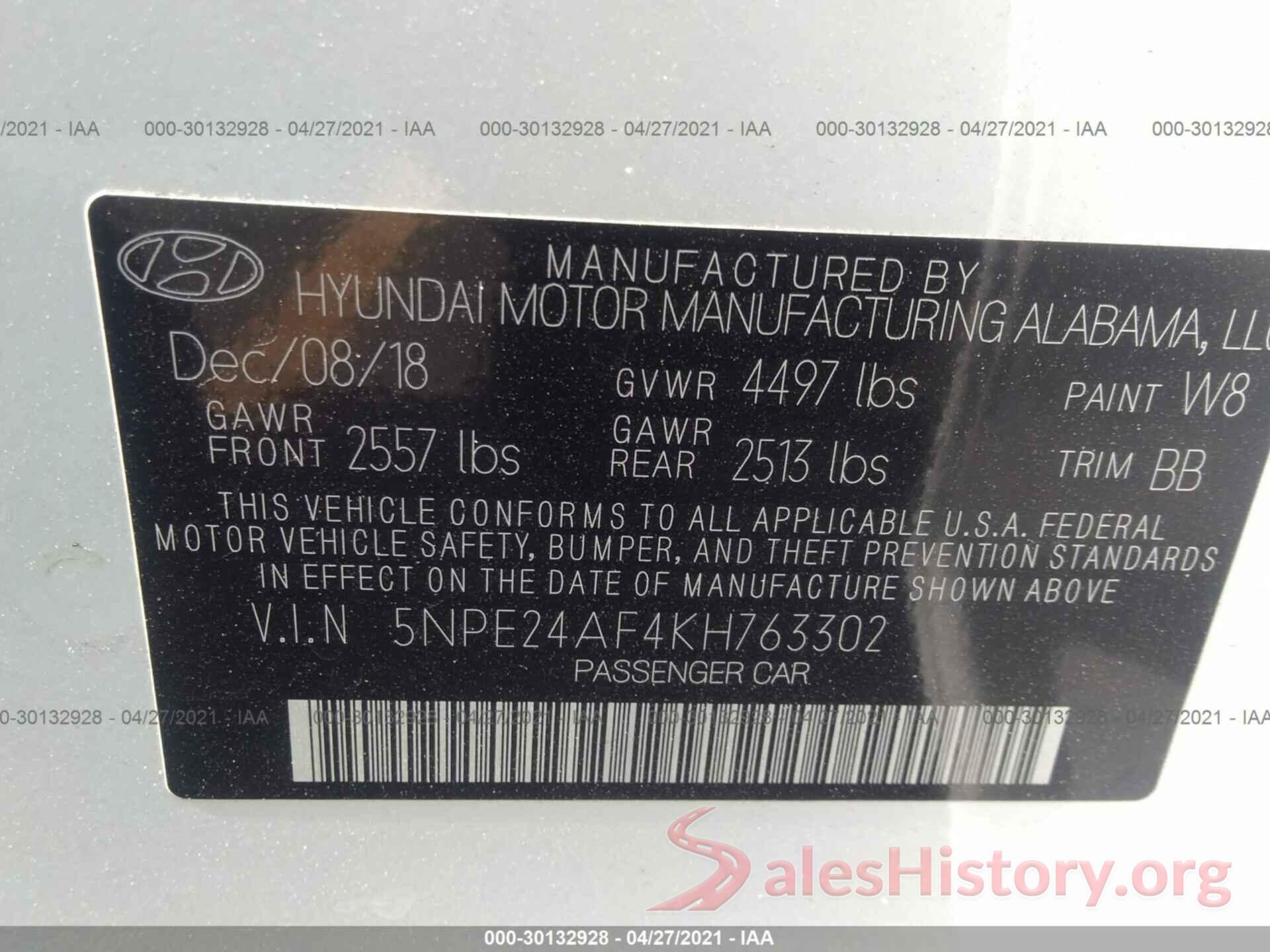 5NPE24AF4KH763302 2019 HYUNDAI SONATA