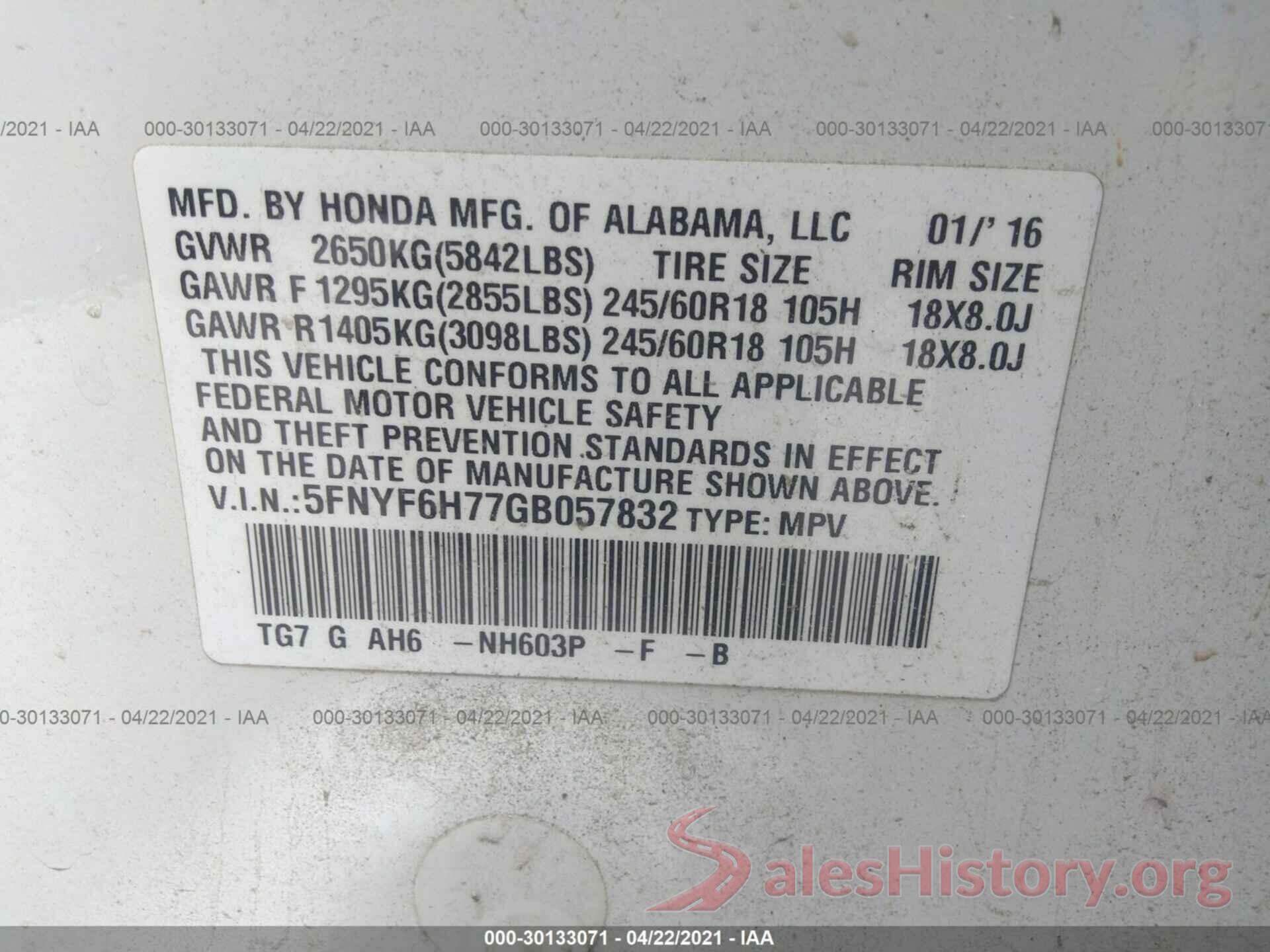 5FNYF6H77GB057832 2016 HONDA PILOT