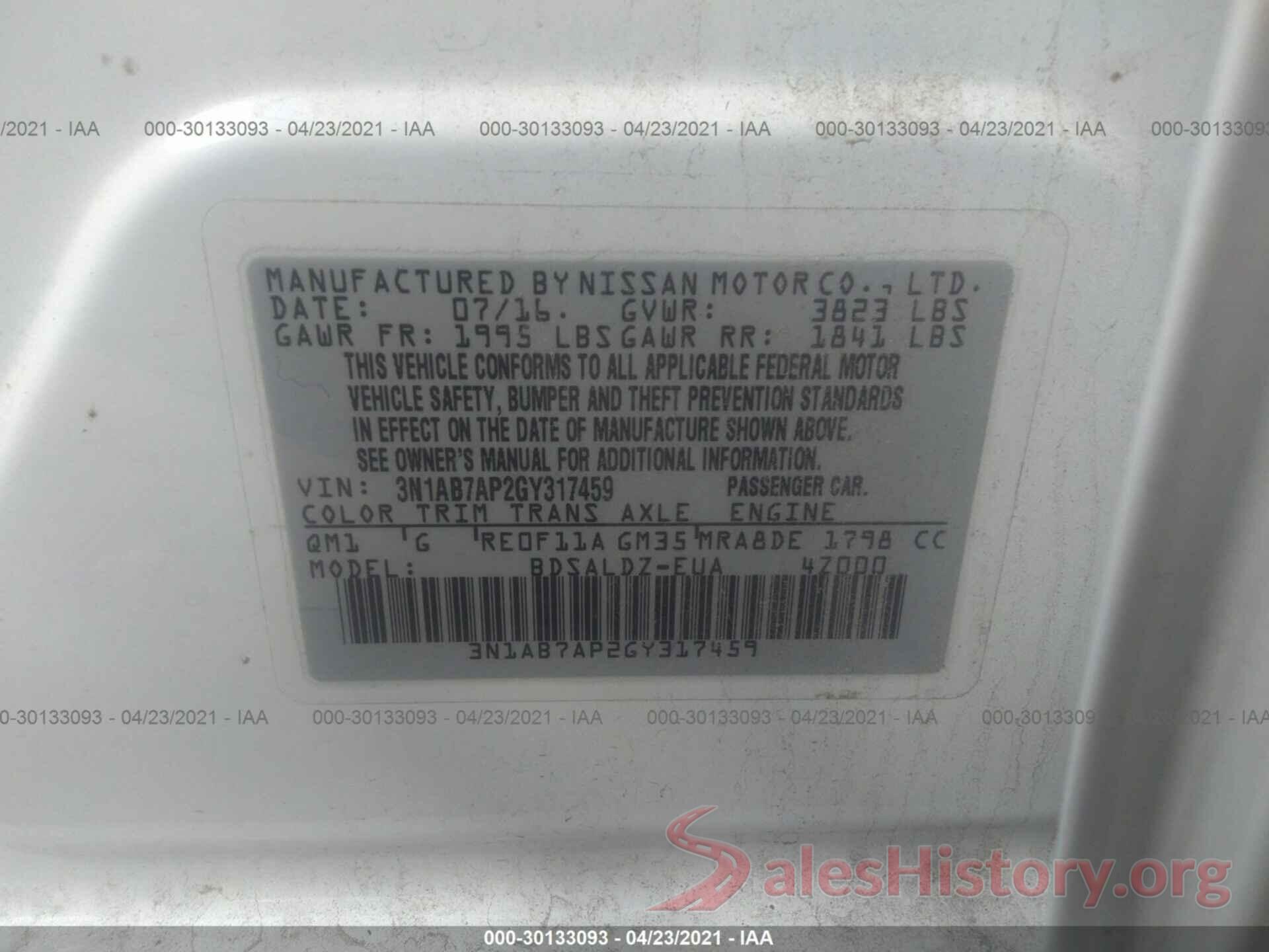 3N1AB7AP2GY317459 2016 NISSAN SENTRA