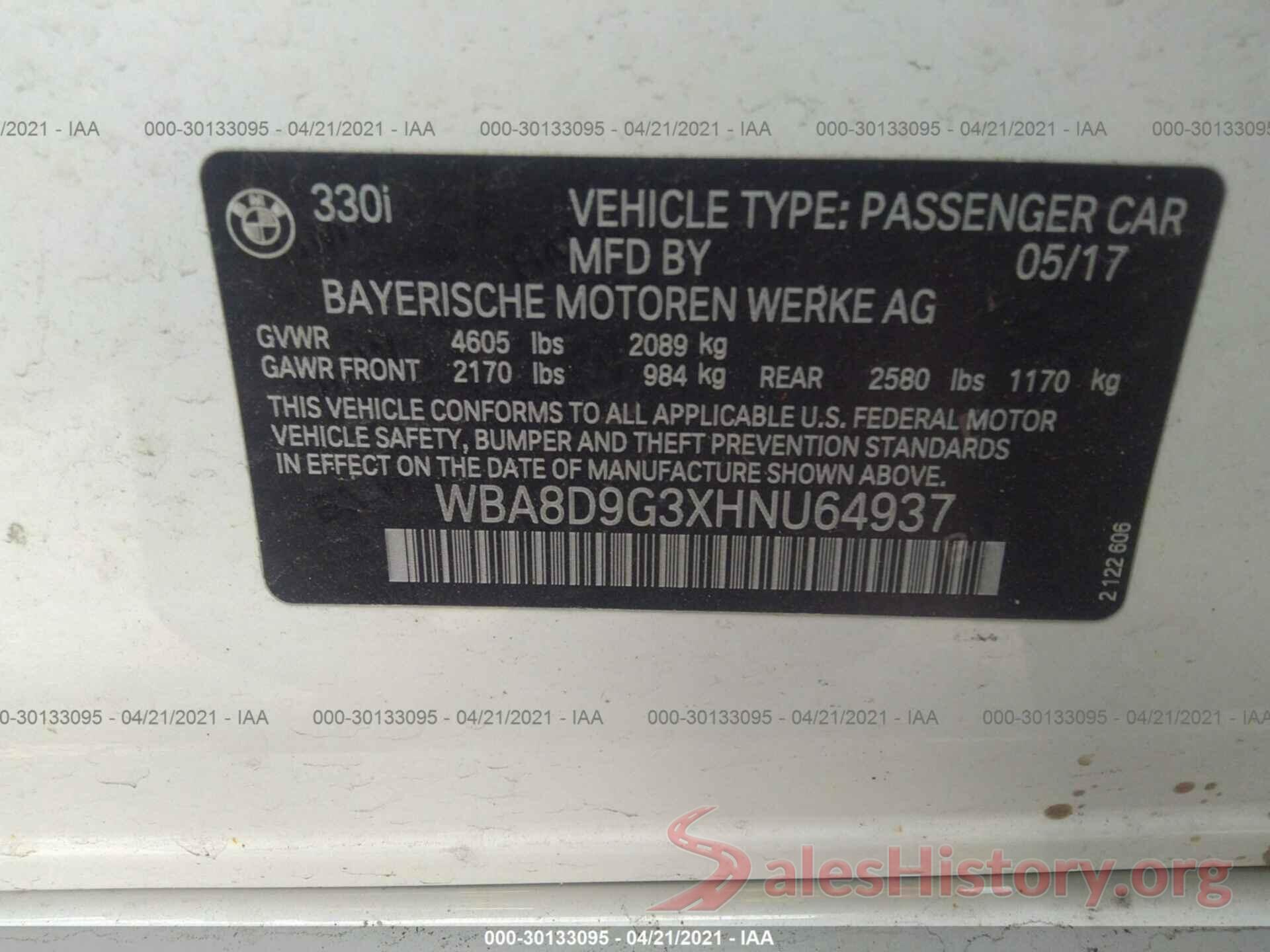 WBA8D9G3XHNU64937 2017 BMW 3 SERIES