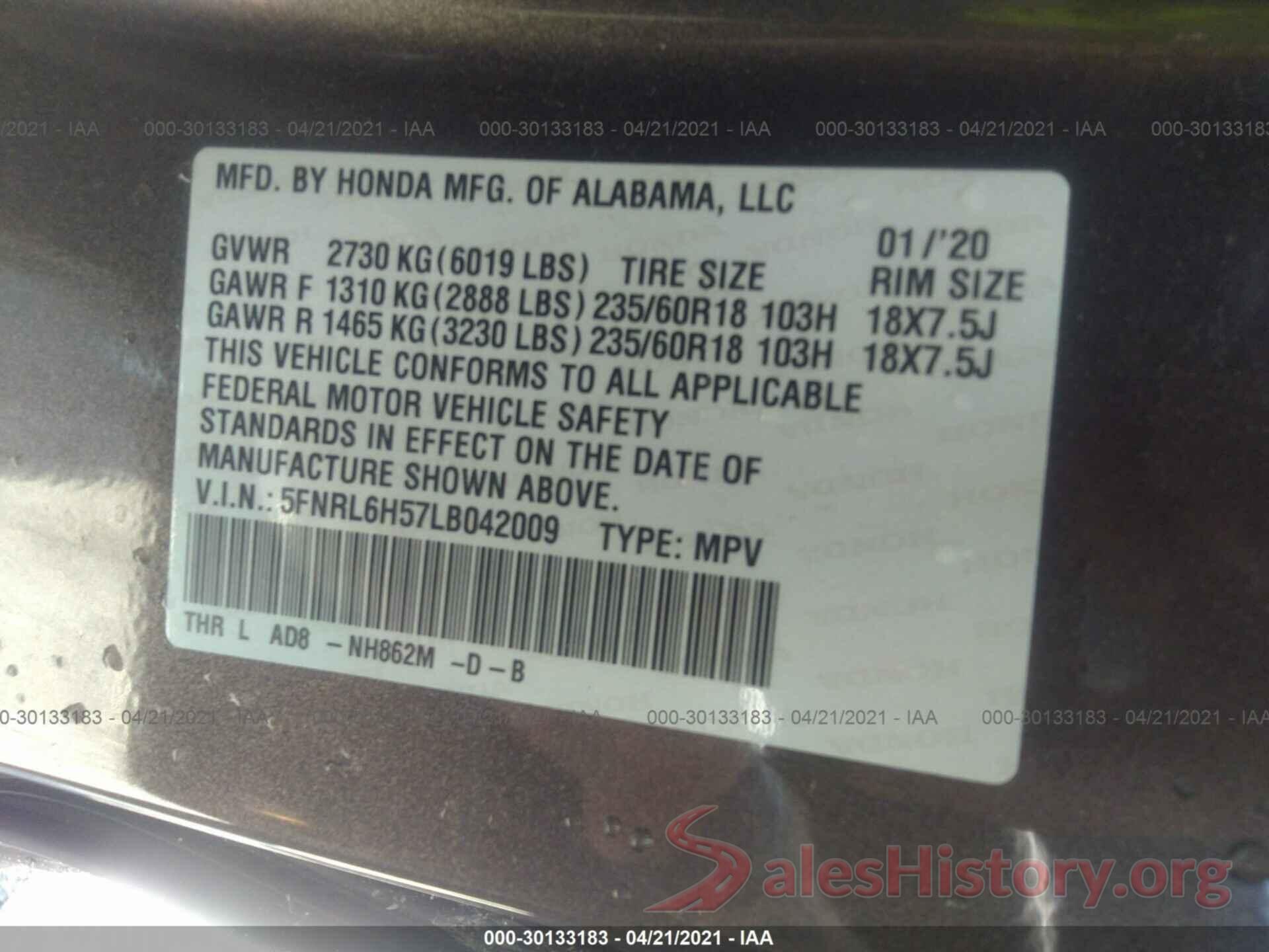 5FNRL6H57LB042009 2020 HONDA ODYSSEY