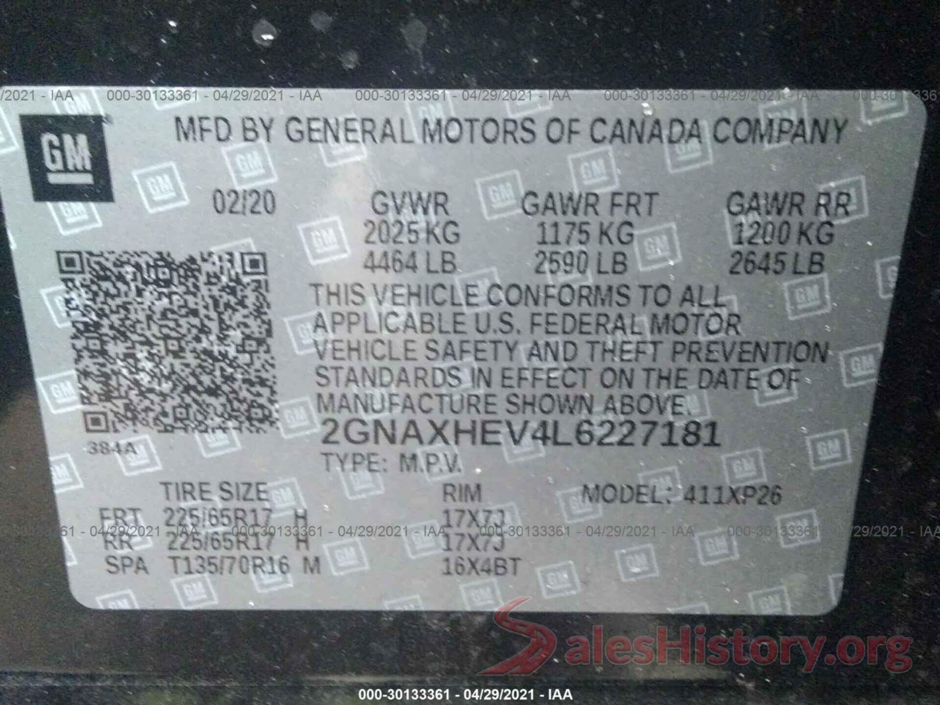 2GNAXHEV4L6227181 2020 CHEVROLET EQUINOX