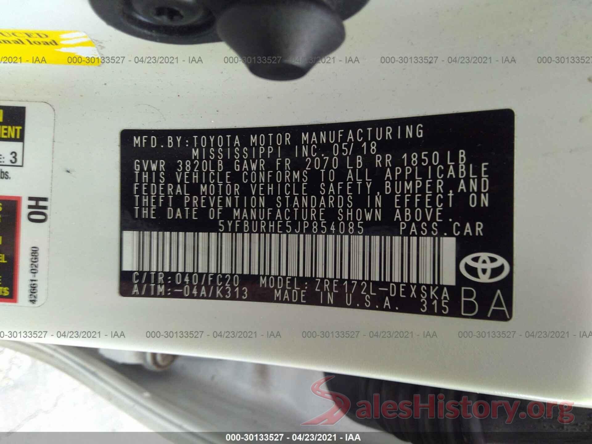 5YFBURHE5JP854085 2018 TOYOTA COROLLA