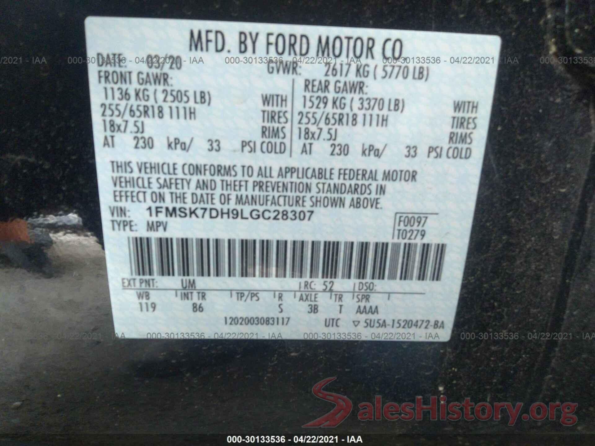 1FMSK7DH9LGC28307 2020 FORD EXPLORER