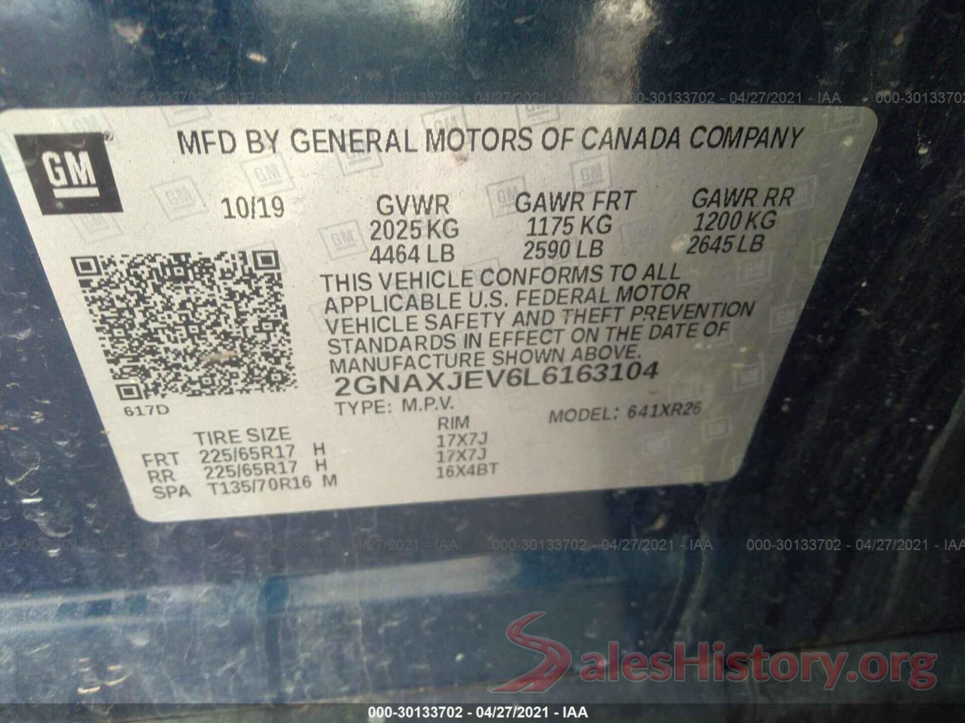 2GNAXJEV6L6163104 2020 CHEVROLET EQUINOX