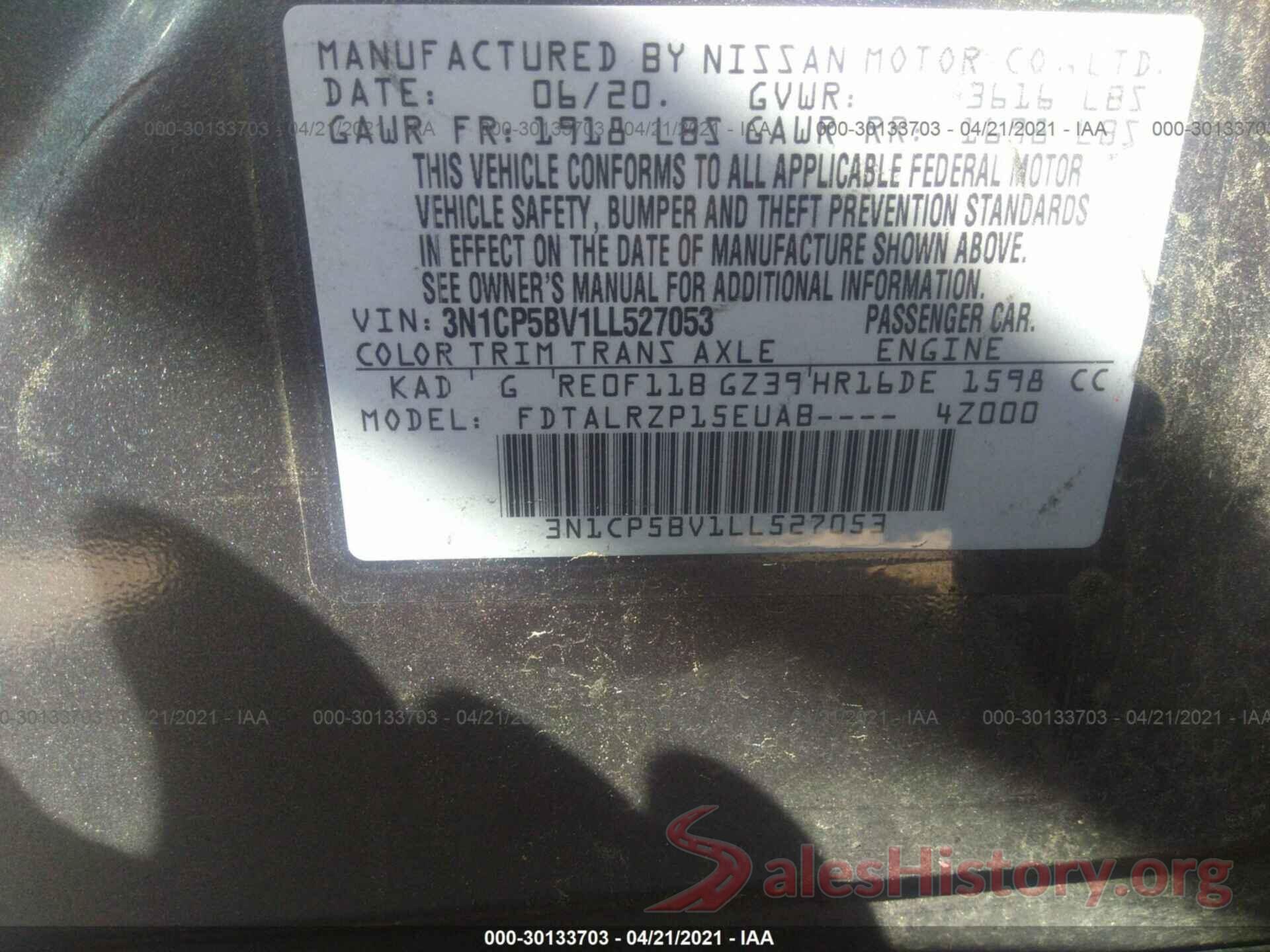 3N1CP5BV1LL527053 2020 NISSAN KICKS