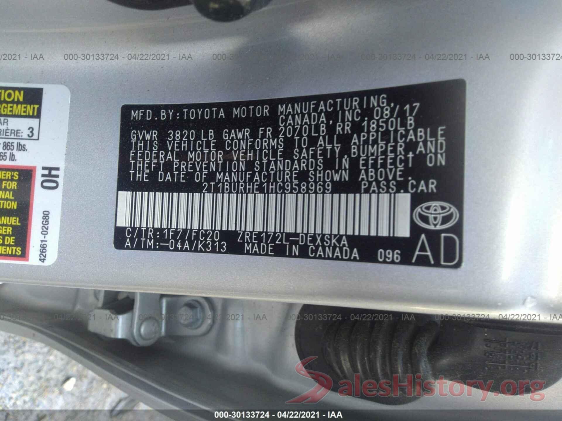 2T1BURHE1HC958969 2017 TOYOTA COROLLA