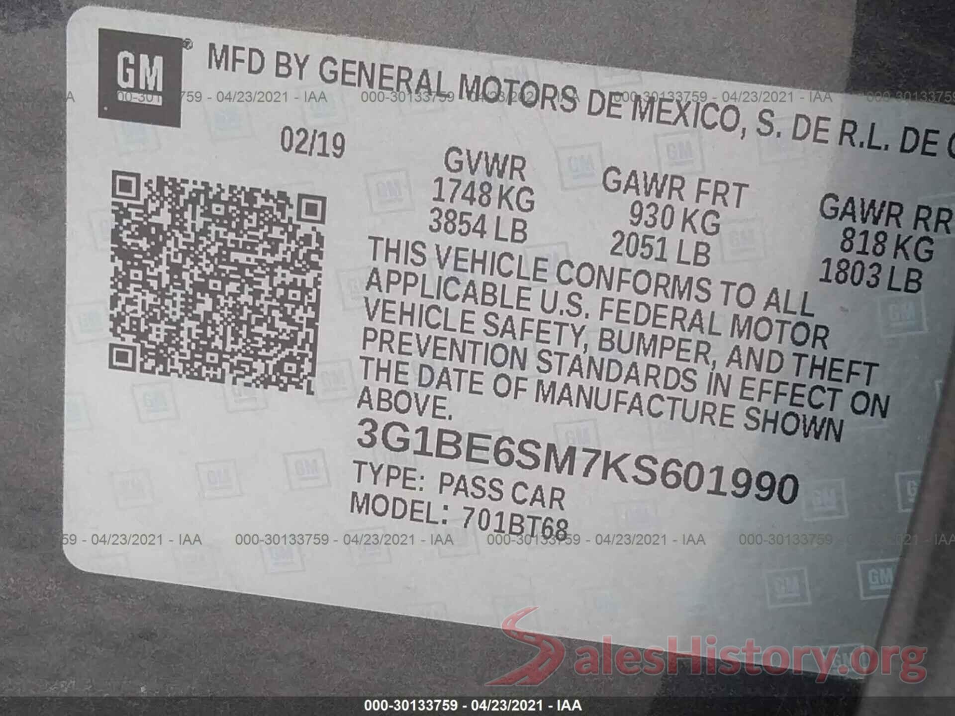 3G1BE6SM7KS601990 2019 CHEVROLET CRUZE