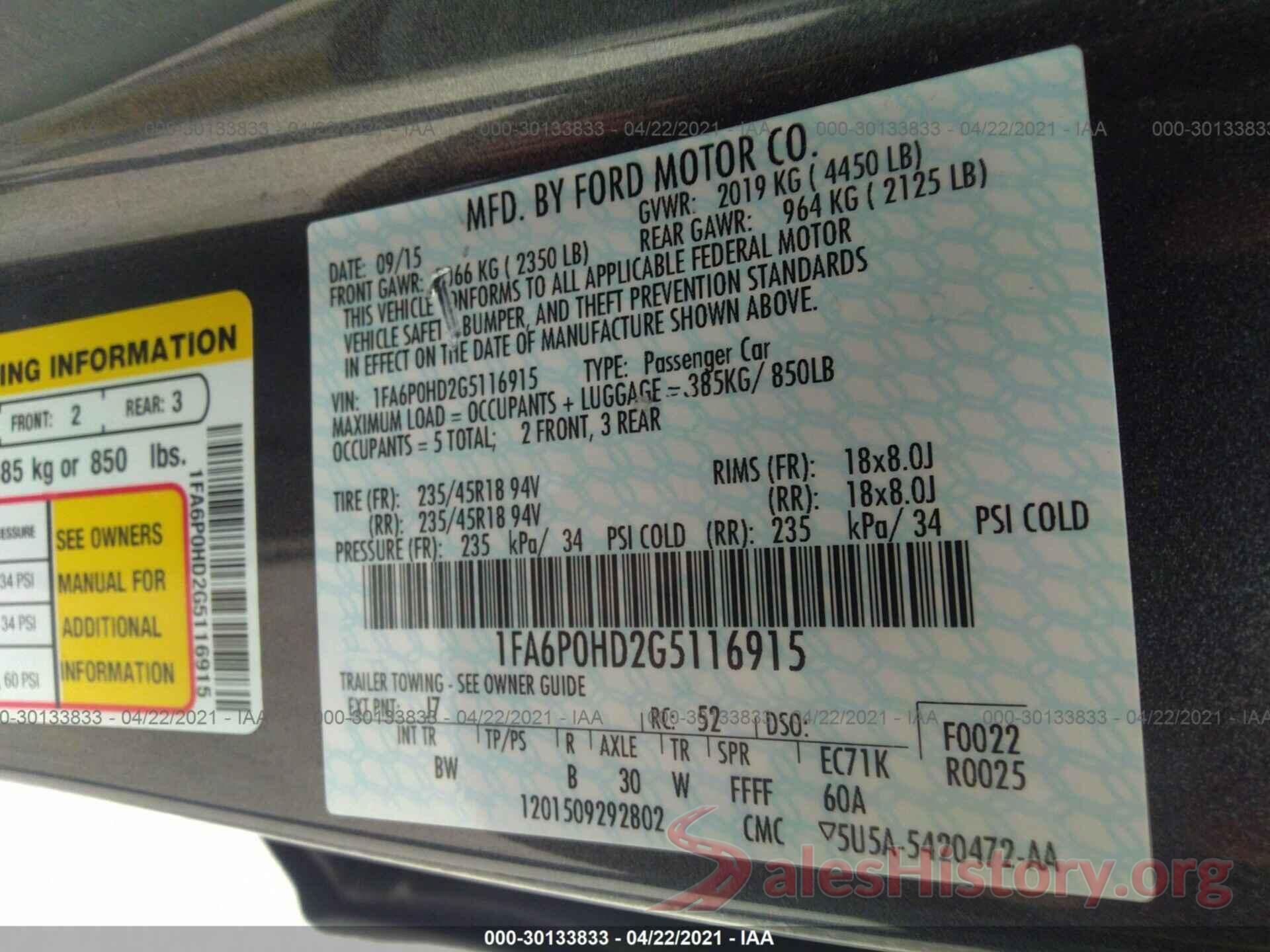 1FA6P0HD2G5116915 2016 FORD FUSION