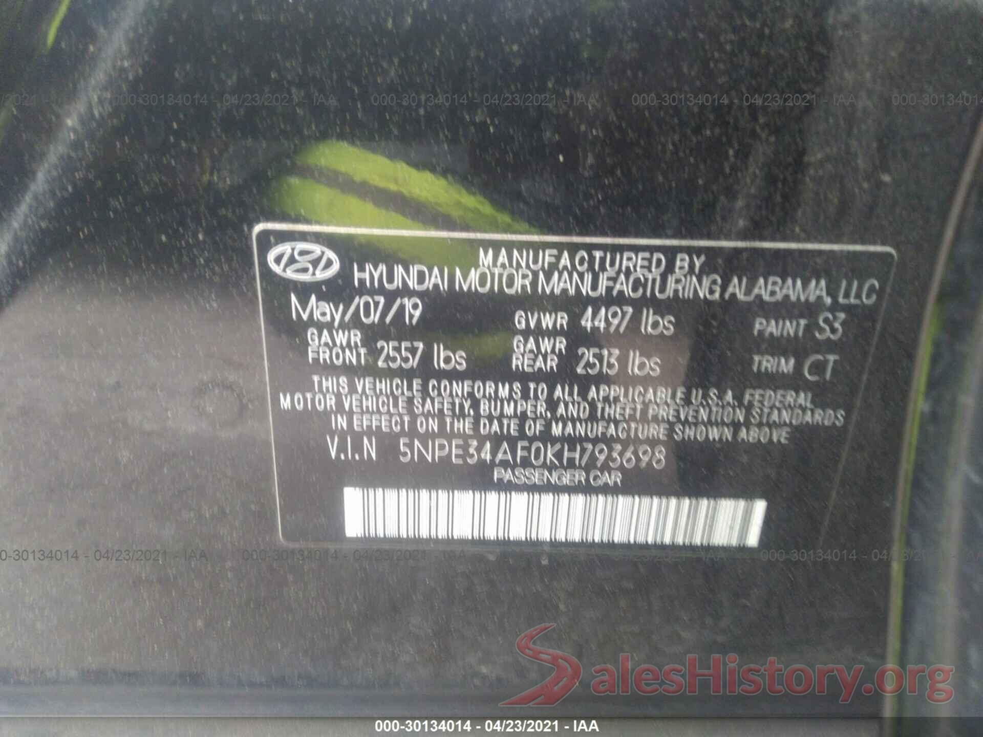 5NPE34AF0KH793698 2019 HYUNDAI SONATA