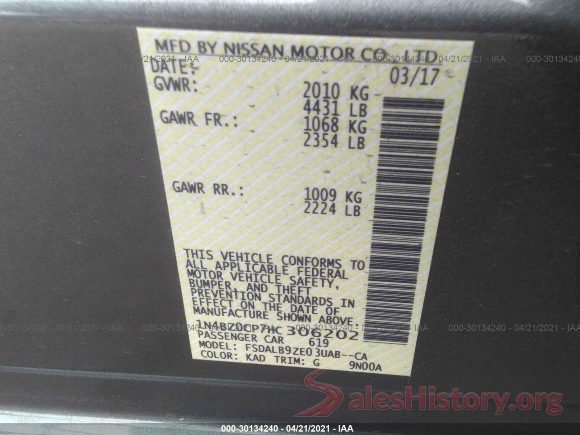 1N4BZ0CP7HC306202 2017 NISSAN LEAF