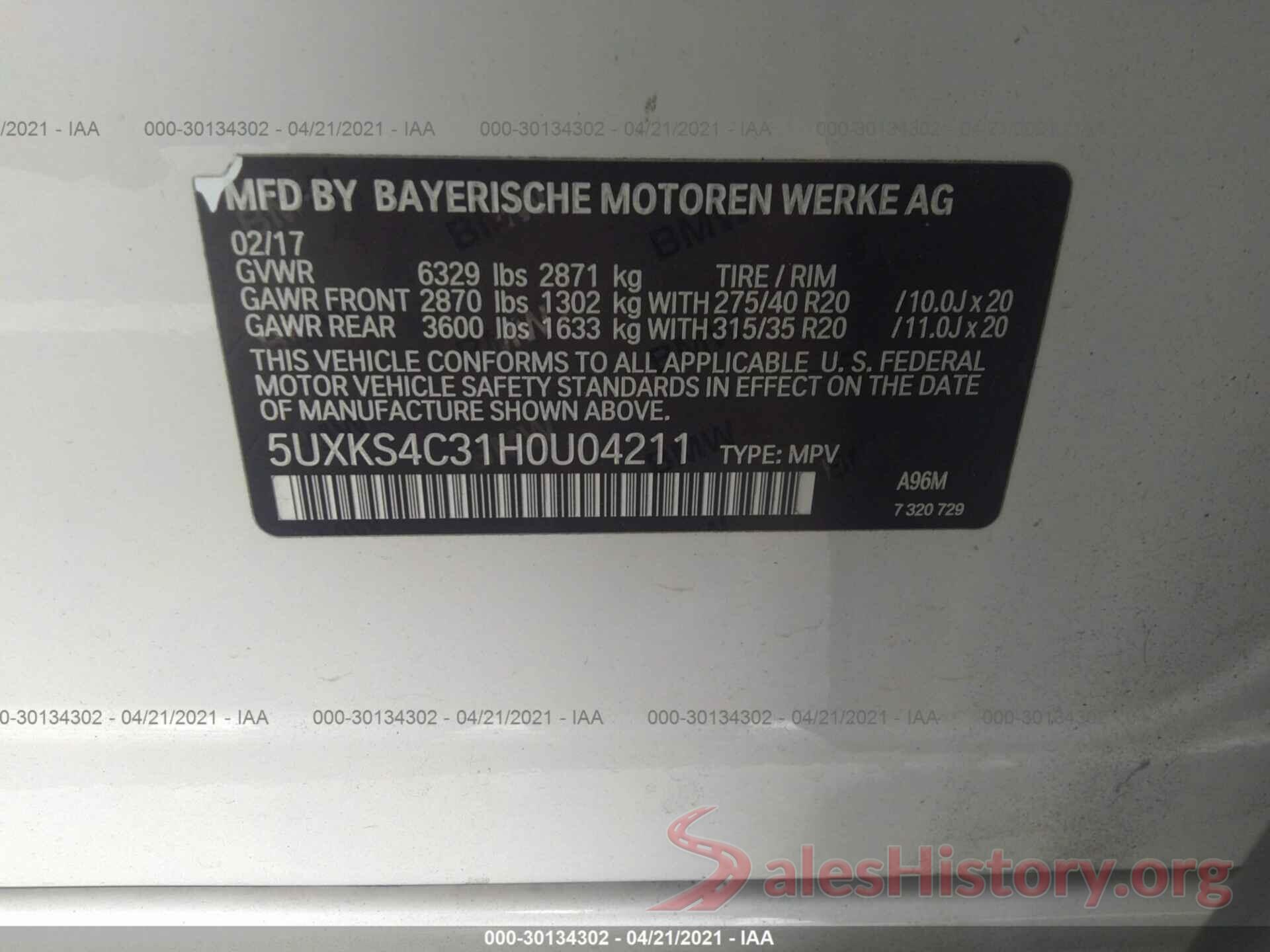 5UXKS4C31H0U04211 2017 BMW X5