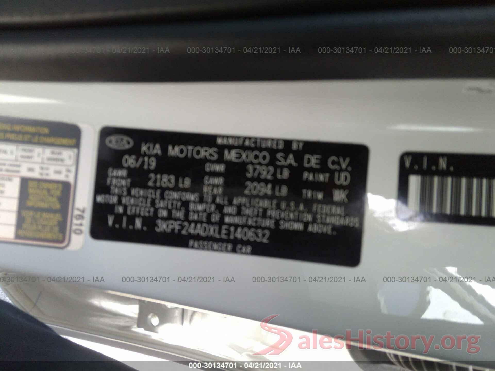 3KPF24ADXLE140632 2020 KIA FORTE