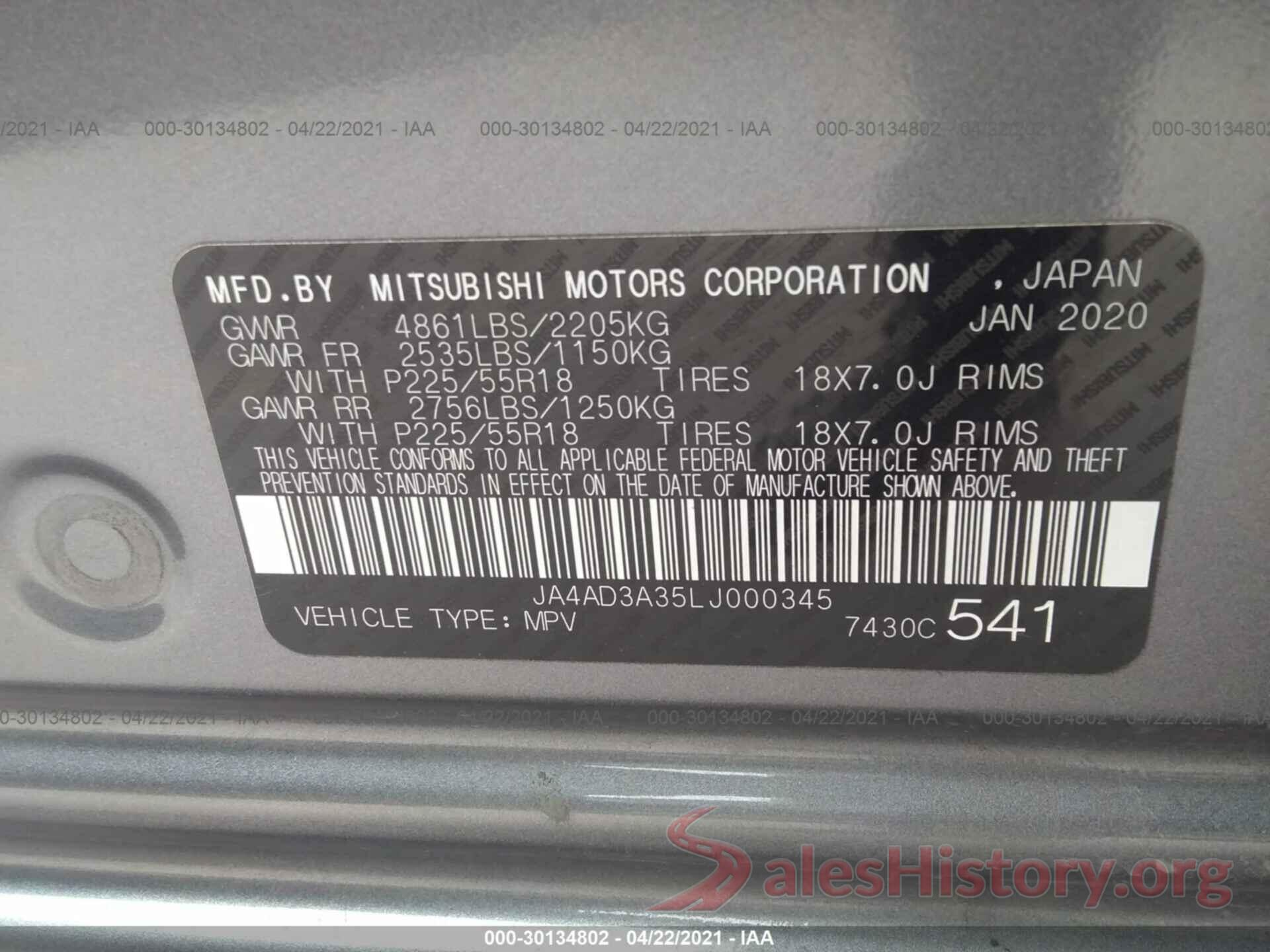 JA4AD3A35LJ000345 2020 MITSUBISHI OUTLANDER